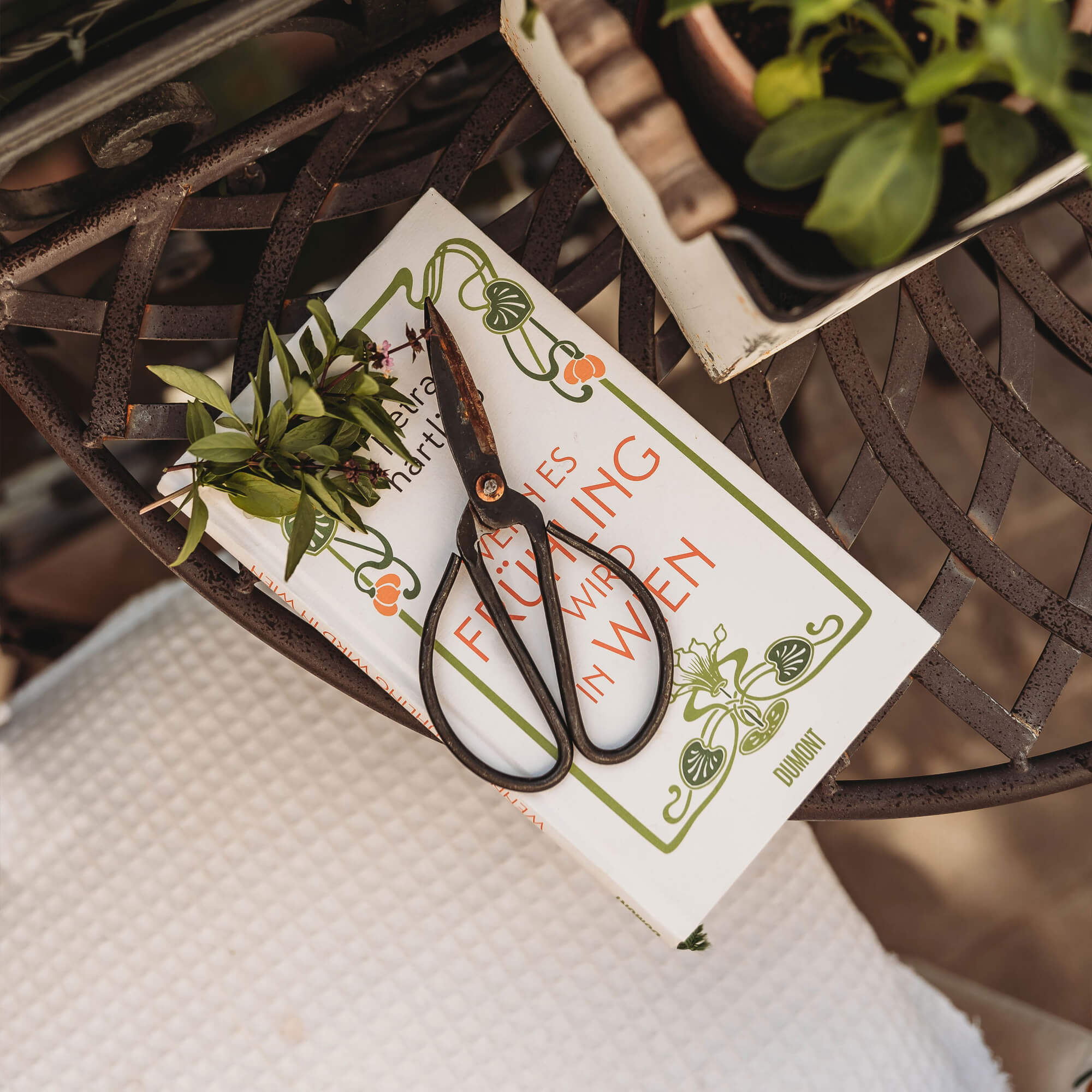 Oude metalen tuinschaar op een lenteboek op een rustieke metalen tafel