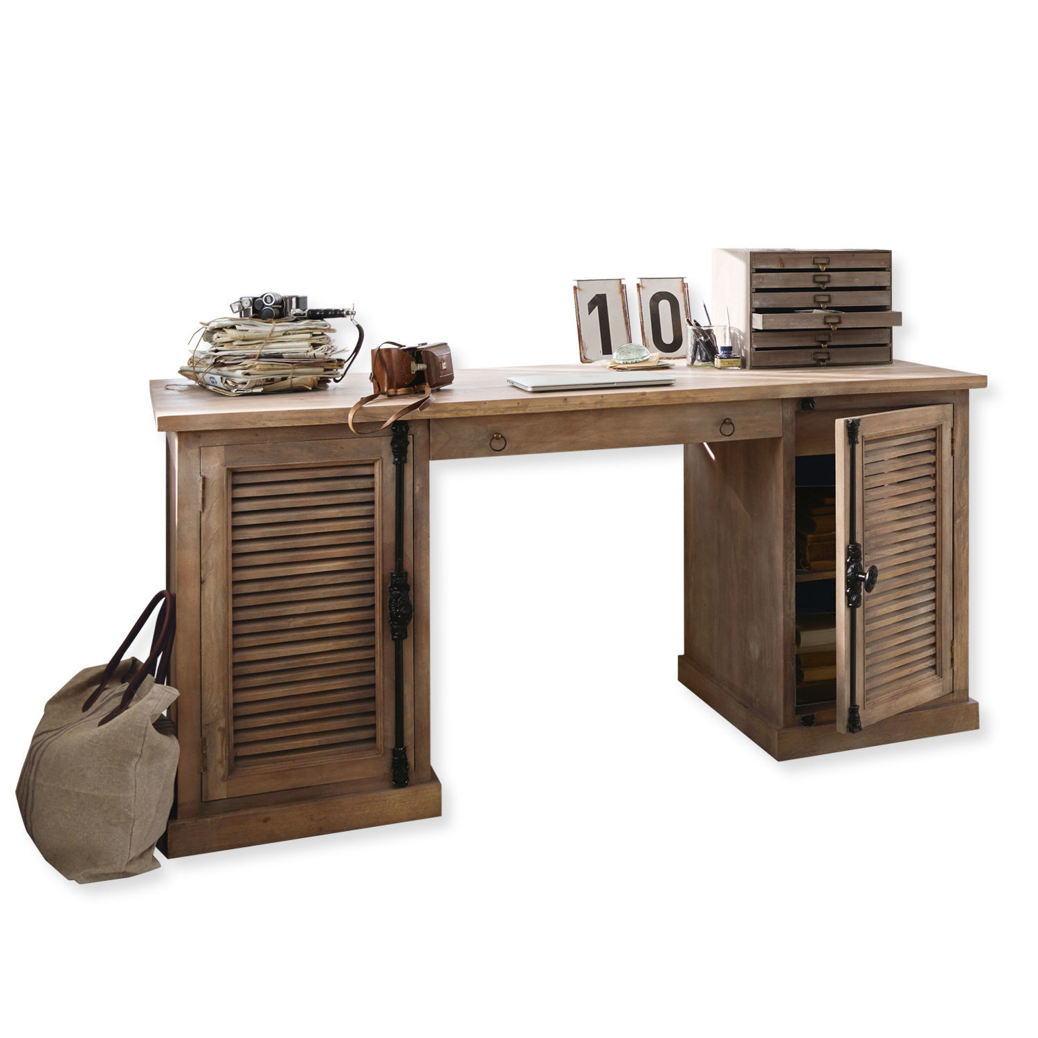 Bureau Woodmore Bureau van mangohout in natuurlijke kleur met laden en kasten voor documentopslag