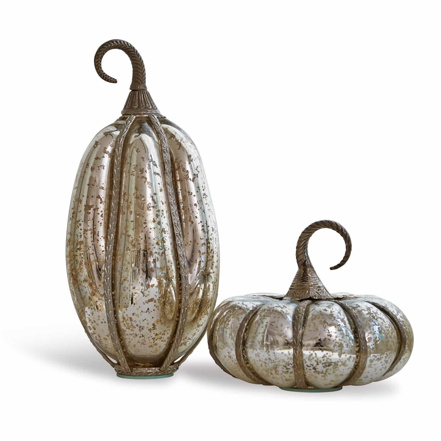 Pompoen set van 2 Kiyo Decoratieve pompoenen van glas en metaal in zilver met verouderde look voor herfstdecoratie