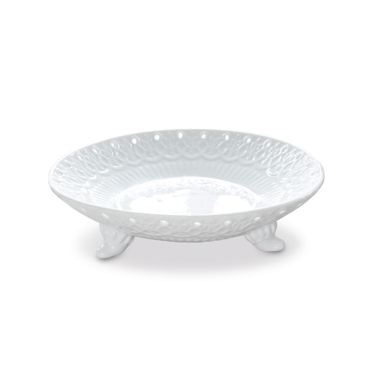 Witte keramische schaal op drie pootjes met decoratief patroon, ideaal voor serveren en decoratie
