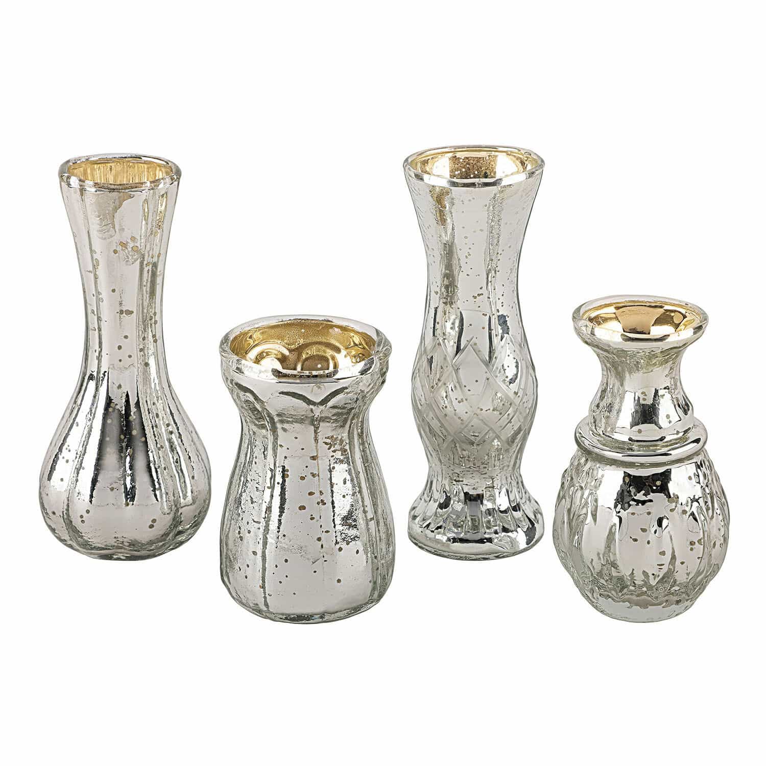 Decoratieve vaas set van 4 Maelie Set van vier decoratieve vazen van zilverkleurig glas met gouden binnenkant, woondecoratie