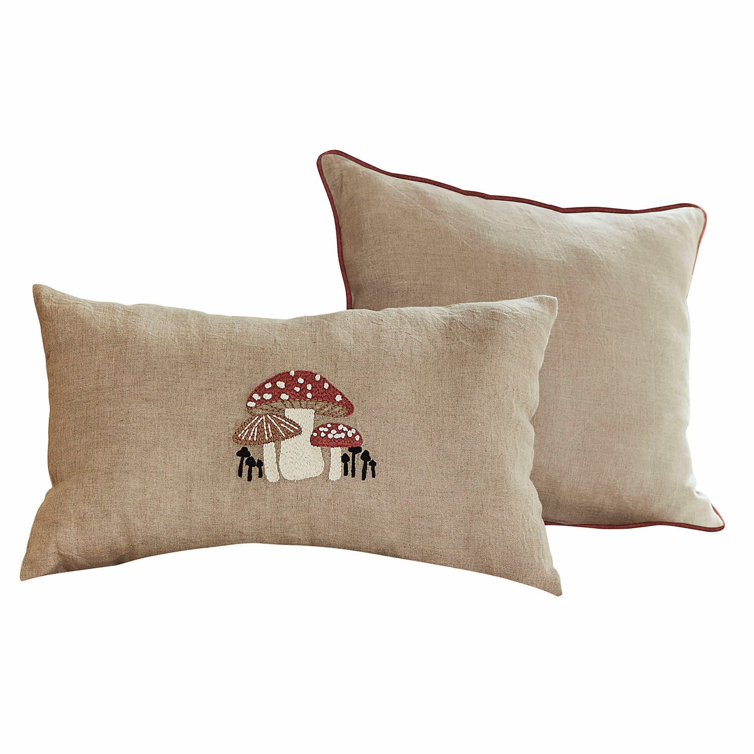 Kussenhoes set van 2 Norilie Beige linnen kussen met paddenstoel borduurwerk en rode bies, natuurlijke woondecoratie
