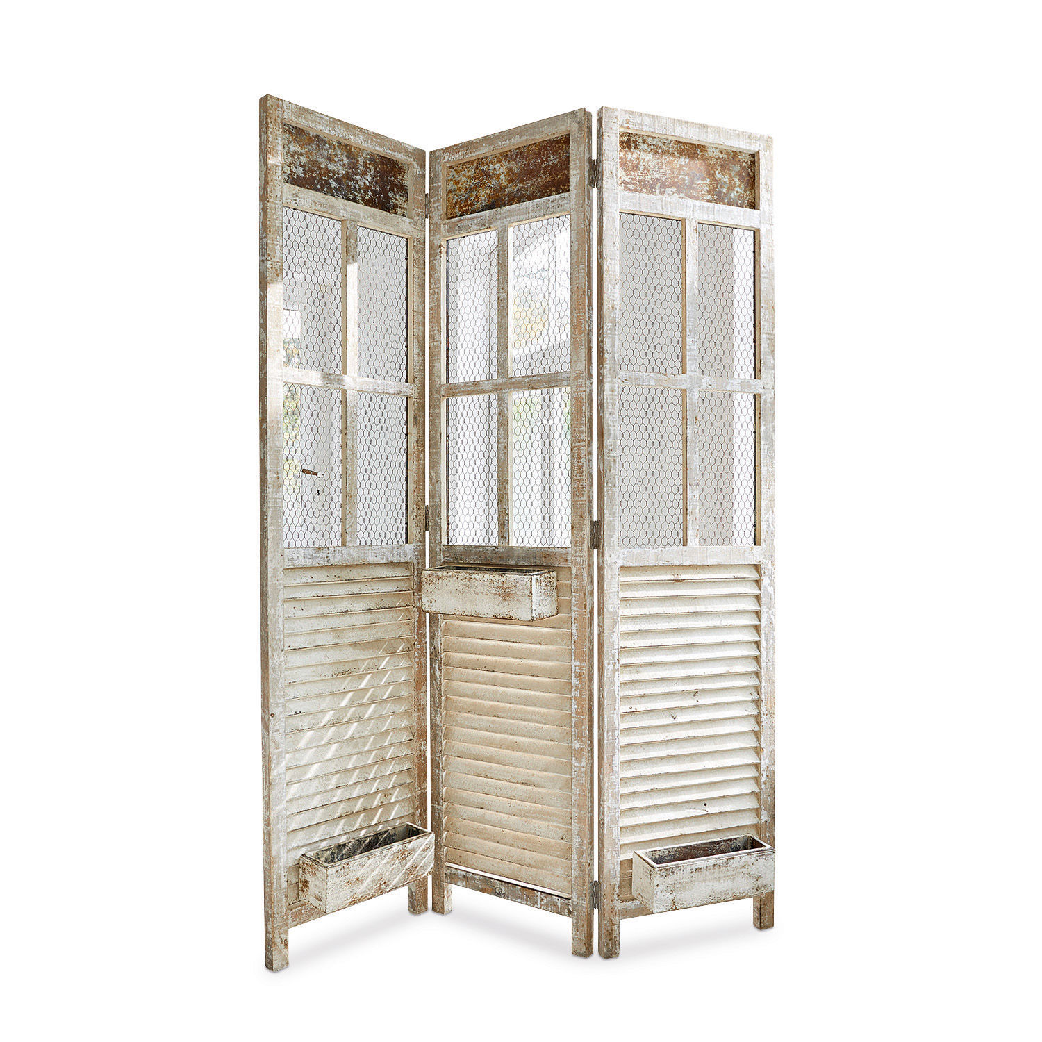 Roomdivider Cerveris Driedelig roomdivider van hout en metaal in verweerde witte kleur voor rustieke inrichting