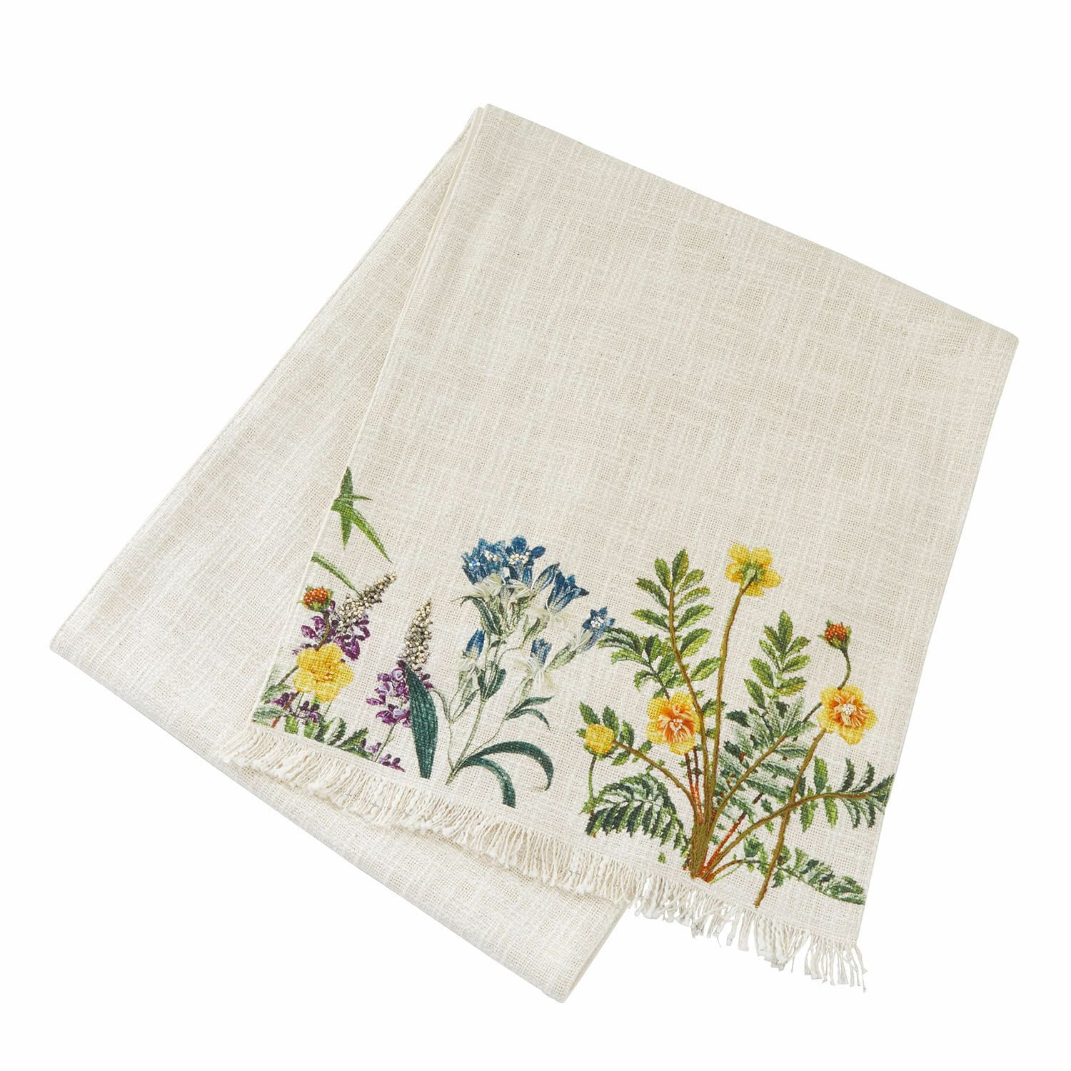 Tafelloper Yolevir Linnen tafelkleed in natuurlijke kleur met kleurrijke bloemenprint en franjes aan de randen