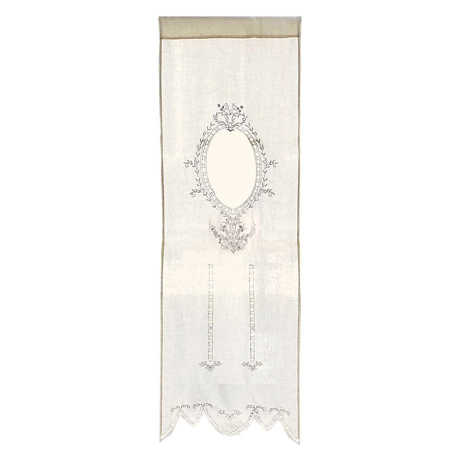 Gordijn Loiret Beige linnen decoratief paneel met geborduurd ovaal patroon en decoratieve rand voor interieur