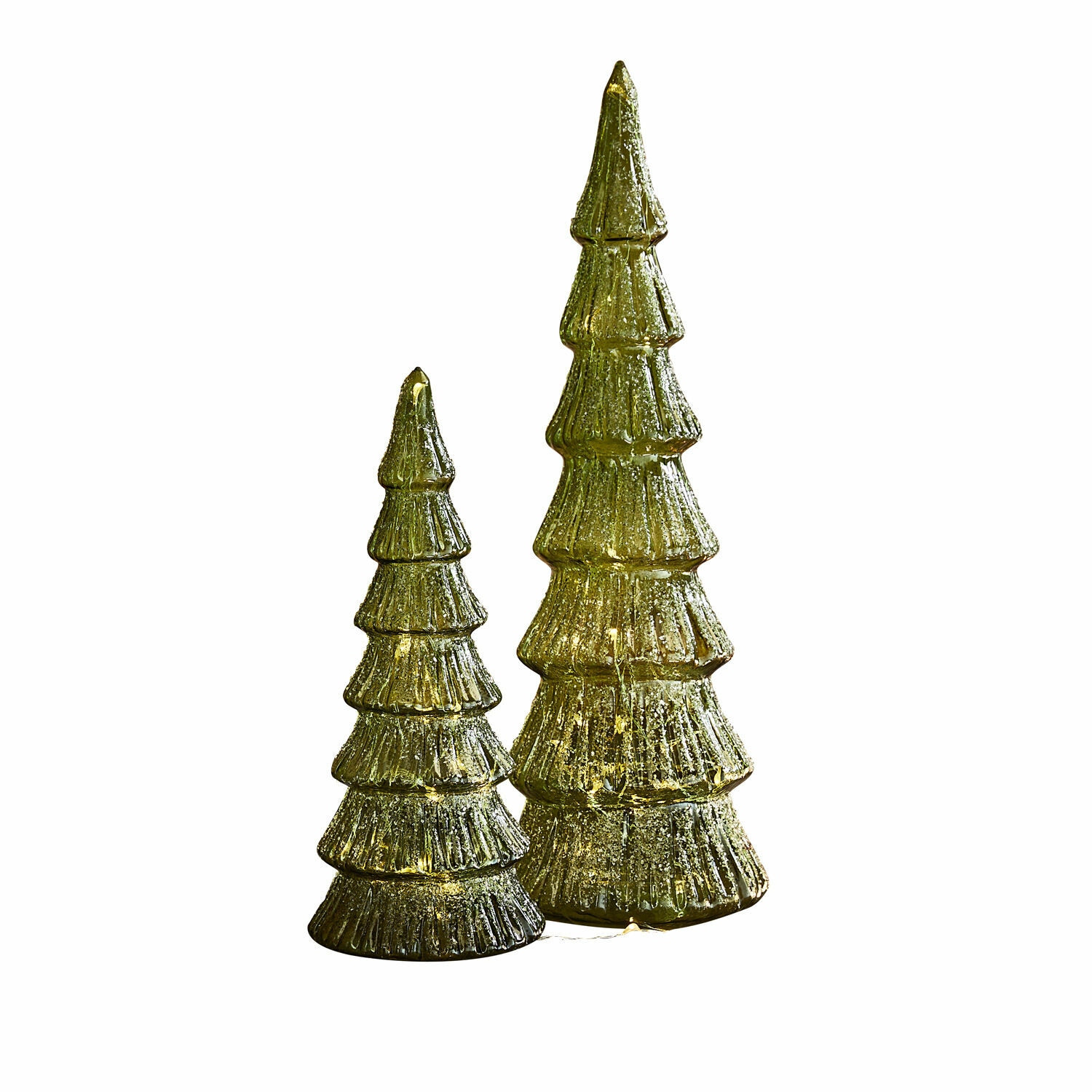 Ledkerstboom set van 2 Merrton Twee groene glazen kerstboomdecoraties met LED-verlichting, perfect voor feestelijke interieurdecoratie.