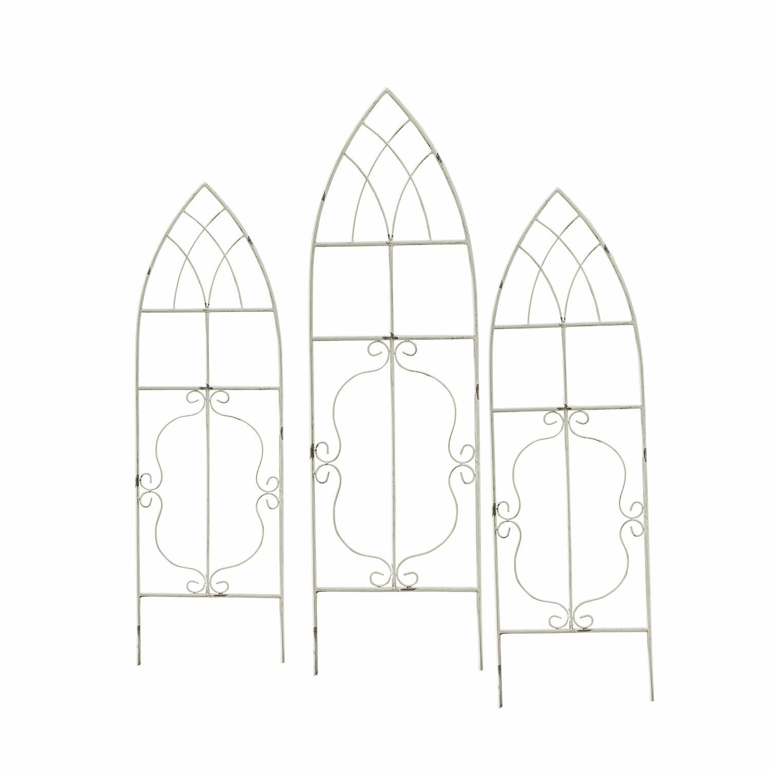 Plantensteun set van 3 Halexin Set van drie witte metalen tuinhekken met decoratief patroon en boogvorm