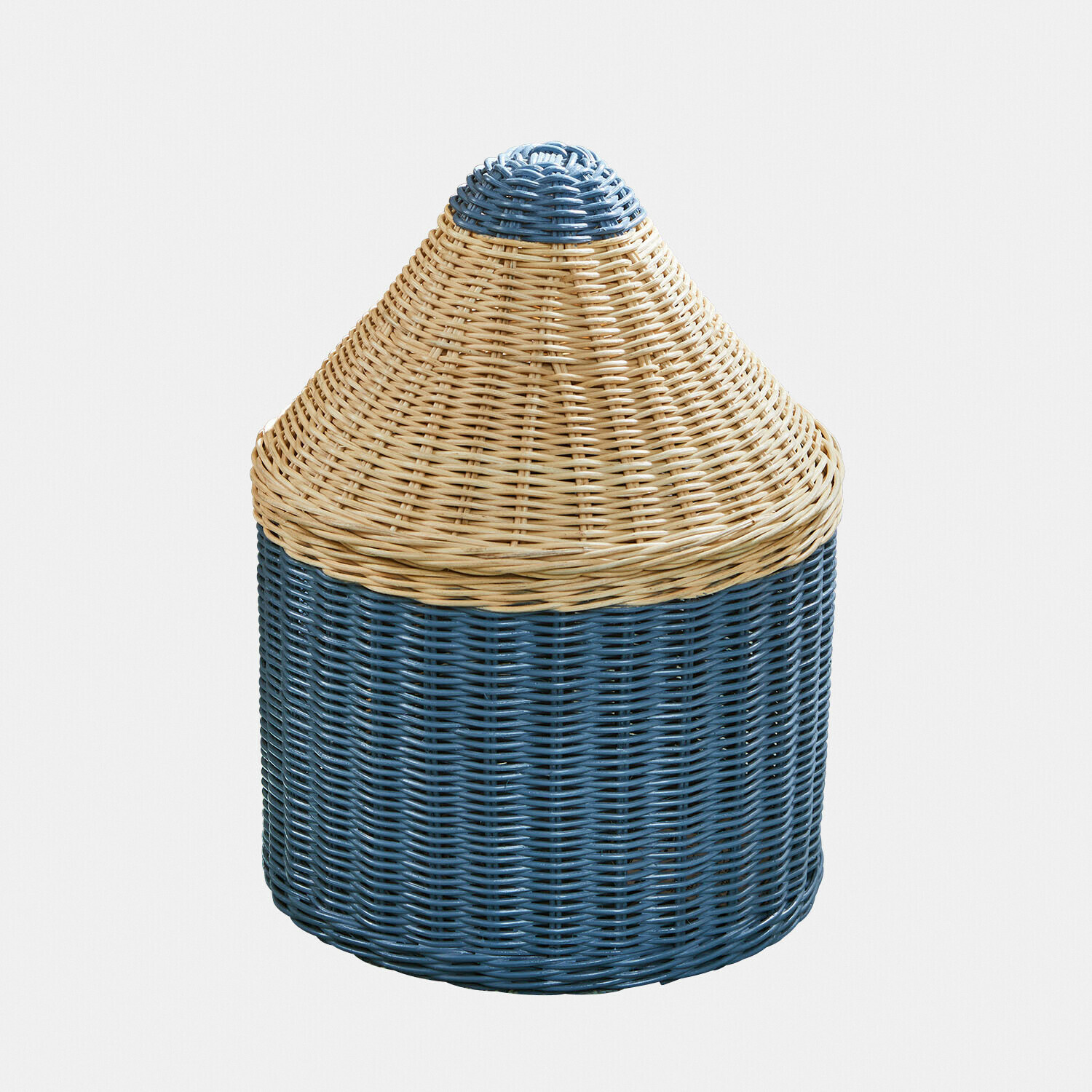 Ronde mand van blauw-beige rattan, praktisch voor thuisopslag