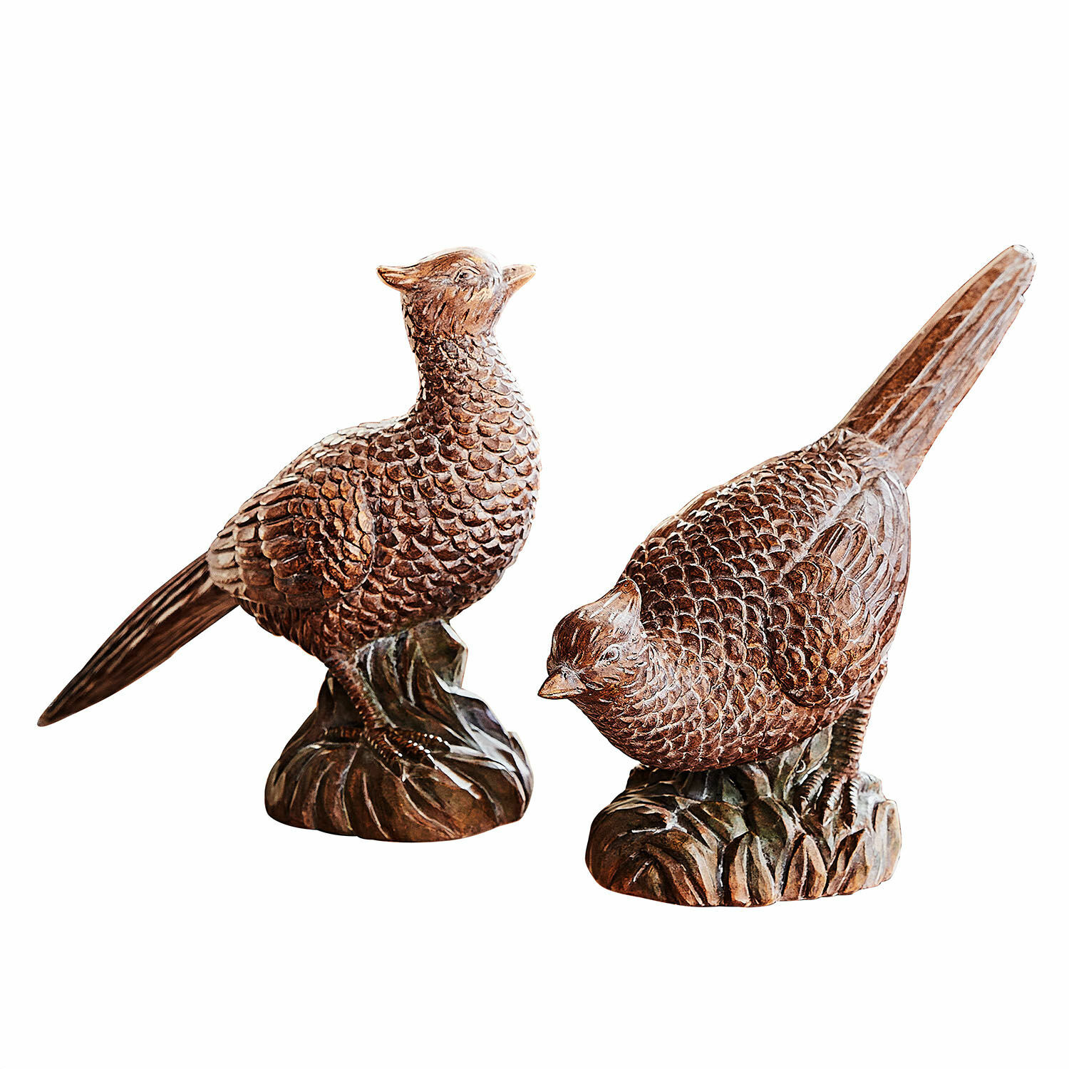 Decoratief vogeltje set van 2 Vivoso Bruine houten vogelbeelden op voet, decoratie voor huis en tuin