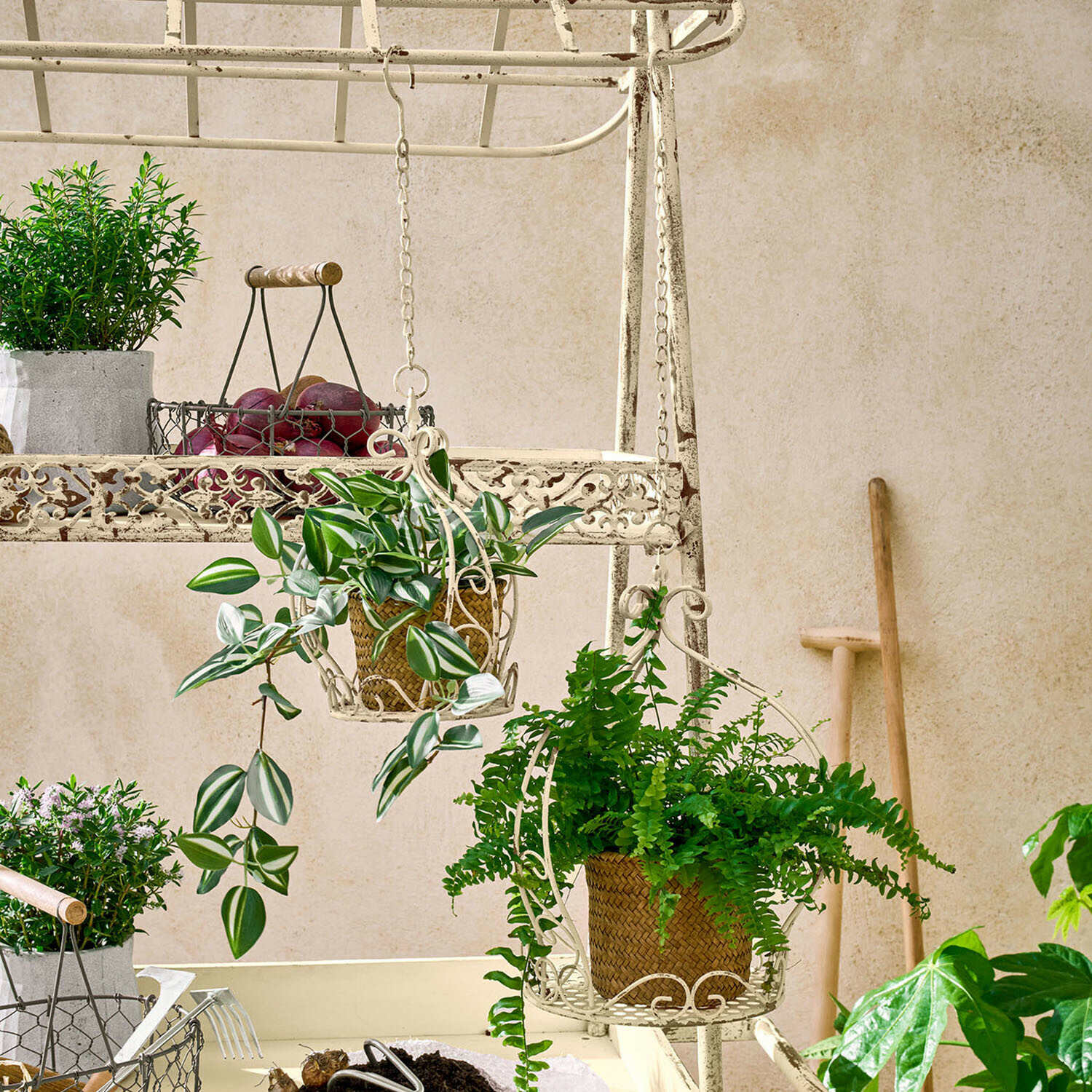 Crèmekleurige metalen standaard met hangende potten met groene planten en tuingereedschap