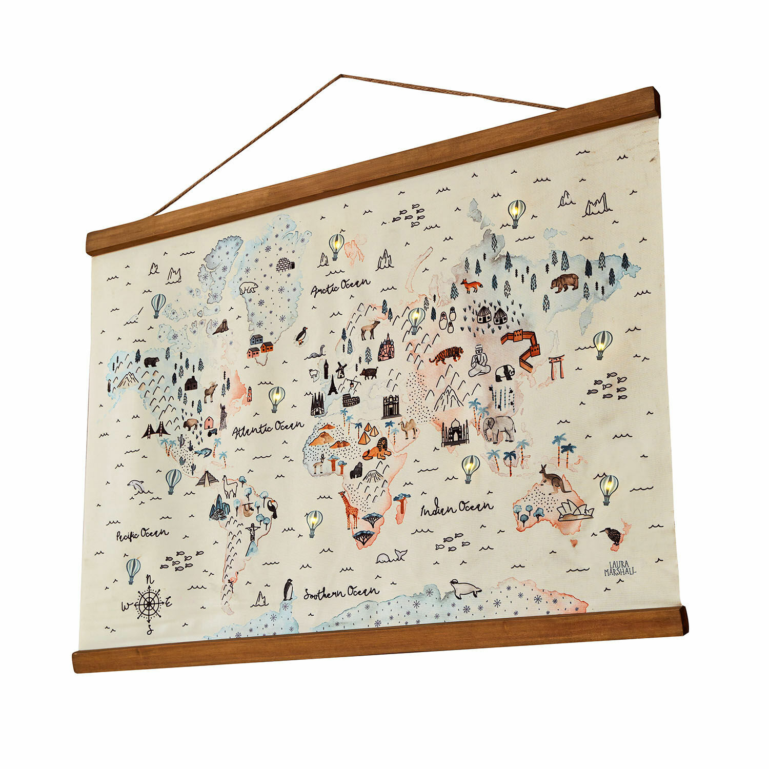 Wereldkaart met ledverlichting Chaumont Wereldkaart op canvas met houten lijst, illustraties van dieren en bezienswaardigheden, wanddecoratie
