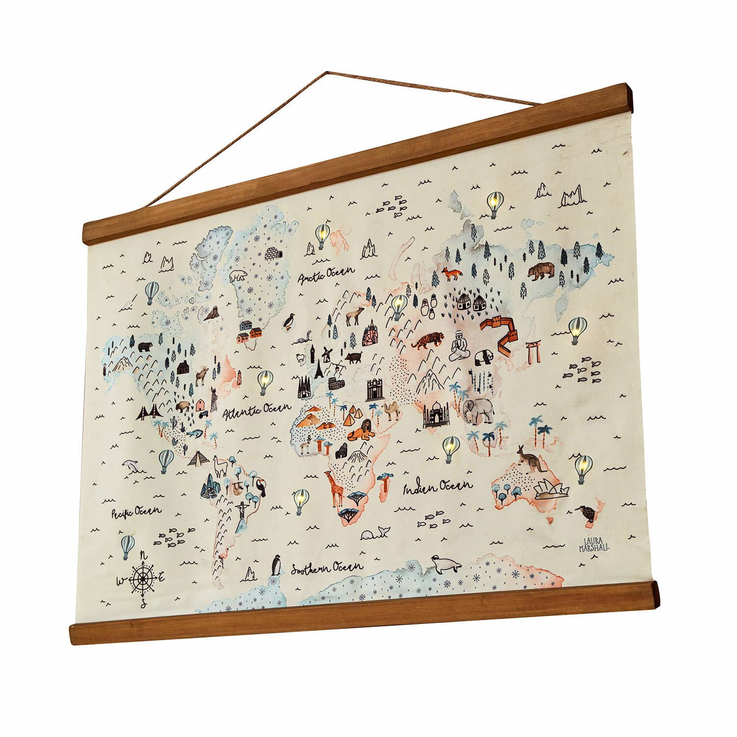 Wereldkaart met ledverlichting Chaumont Wereldkaart op canvas met houten lijst, illustraties van dieren en bezienswaardigheden, wanddecoratie