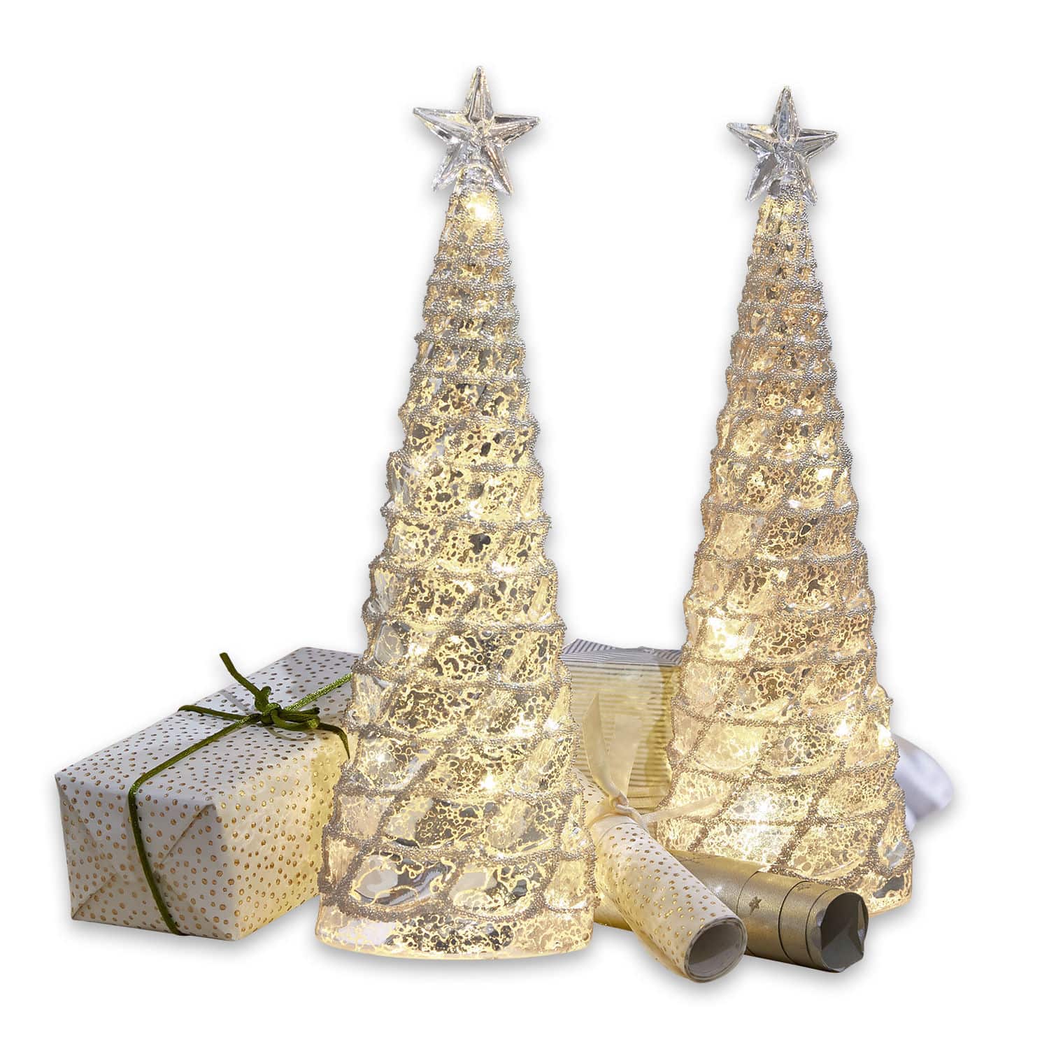 Sierboom set van 2 Glitter Twee transparante LED-kerstbomen met sterren bovenop en cadeaus op de achtergrond