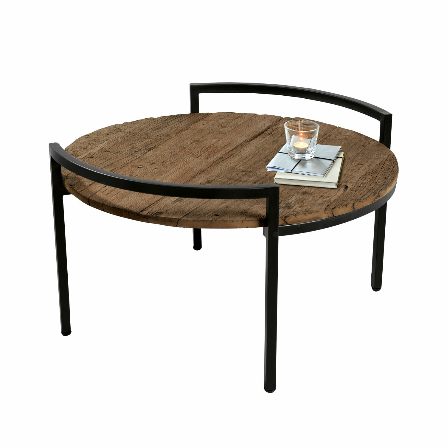 Ronde salontafel met houten blad en zwart metalen frame, modern ontwerp voor woonkamer