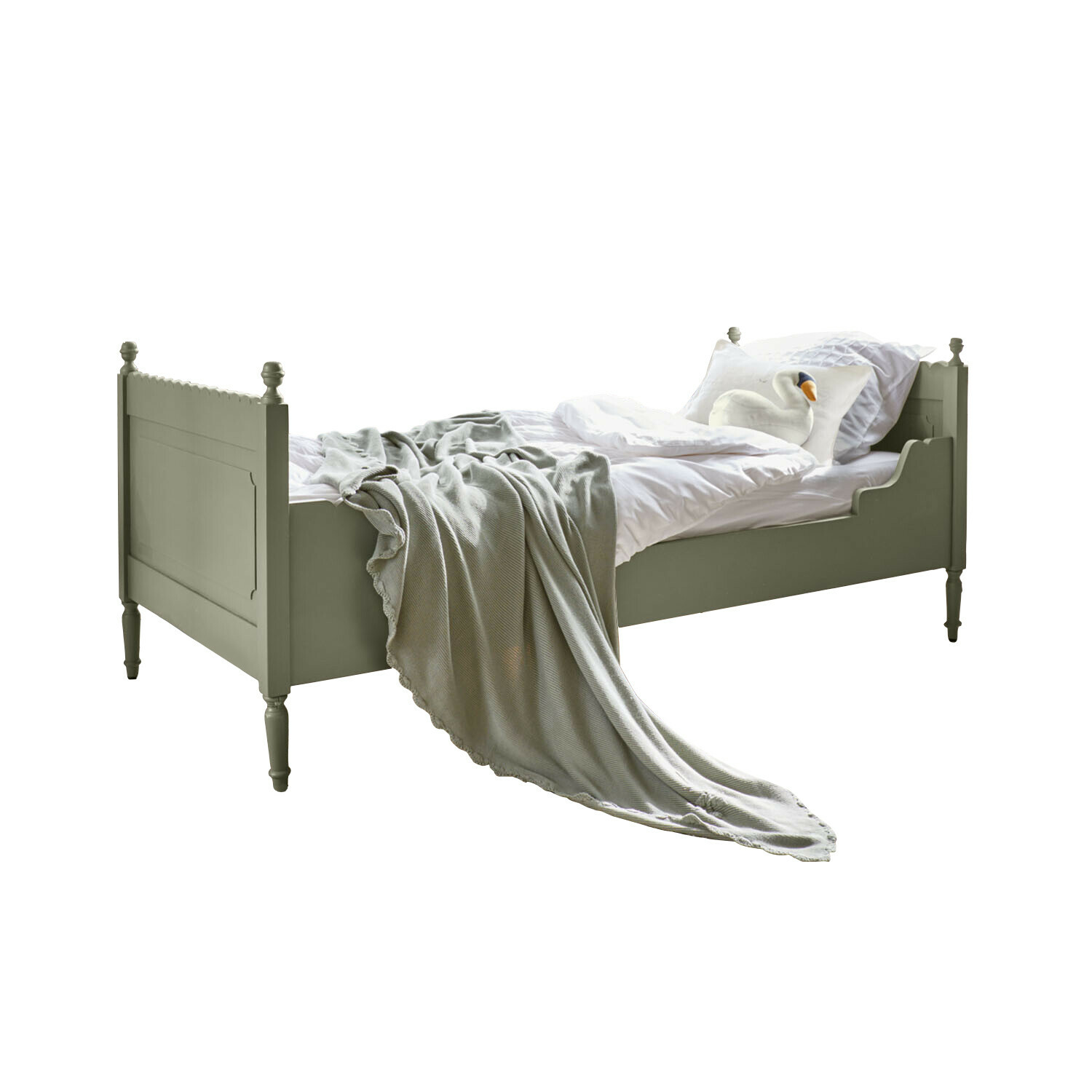 Eenpersoonsbed Kystlund Olijfgroen houten bed met wit beddengoed en grijze deken, vintage stijl voor slaapkamer
