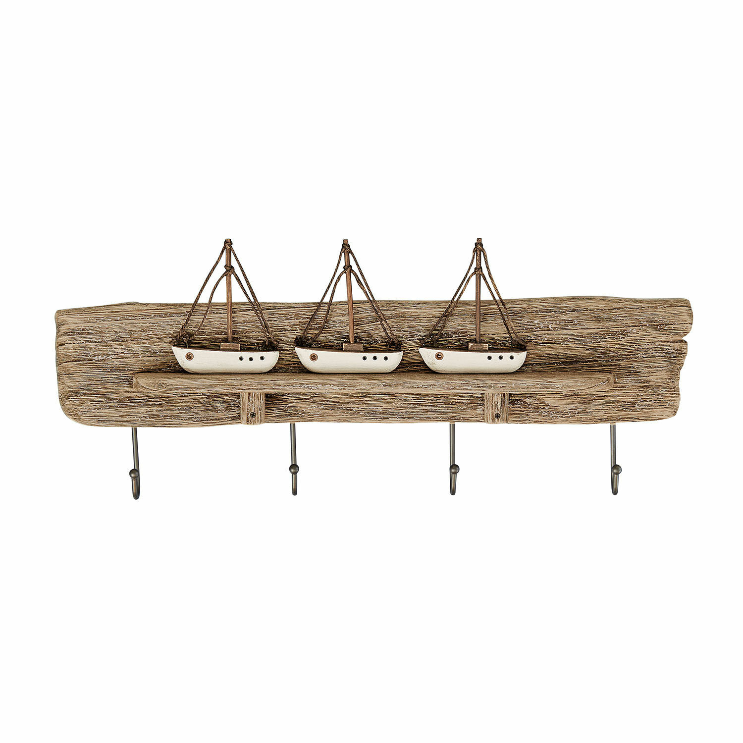 Kapstok Douxie Houten wandkapstok met vier metalen haken en drie witte decoratieve bootjes
