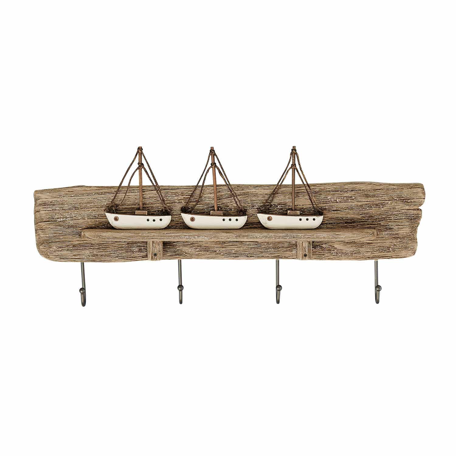 Kapstok Douxie Houten wandkapstok met vier metalen haken en drie witte decoratieve bootjes