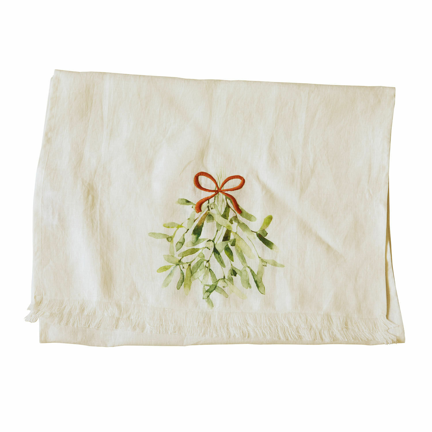 Tafelloper Mistletoe Ecru linnen tafelkleed met maretakmotief en rode strik, feestelijke tafeldecoratie