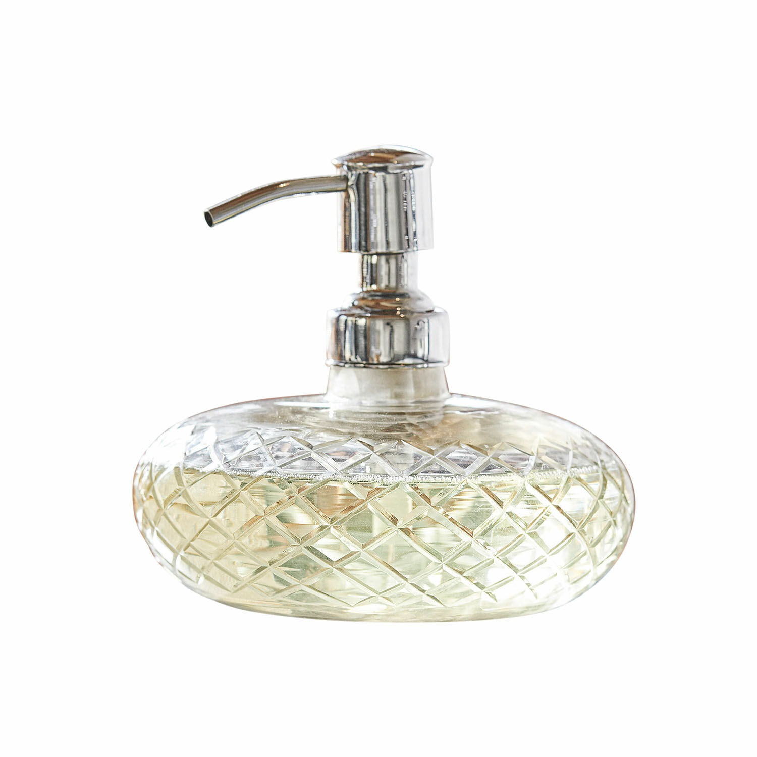 Zeepdispenser Cullen Zeeppompje van helder glas met metalen pomp en diamantpatroon, badkameraccessoire