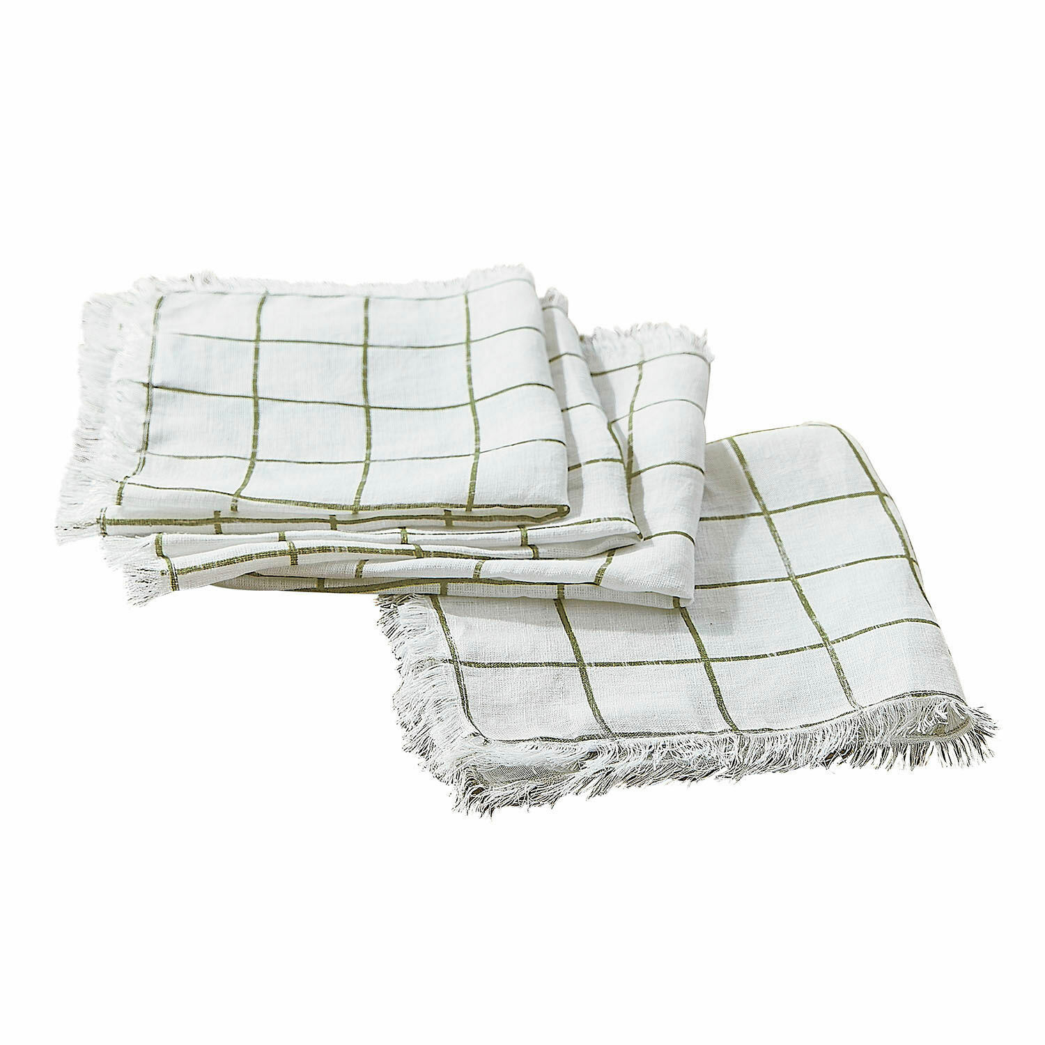 Servet set van 4 Klivento Witte linnen servetten met groen ruitpatroon en franjes, decoratieve huistextiel