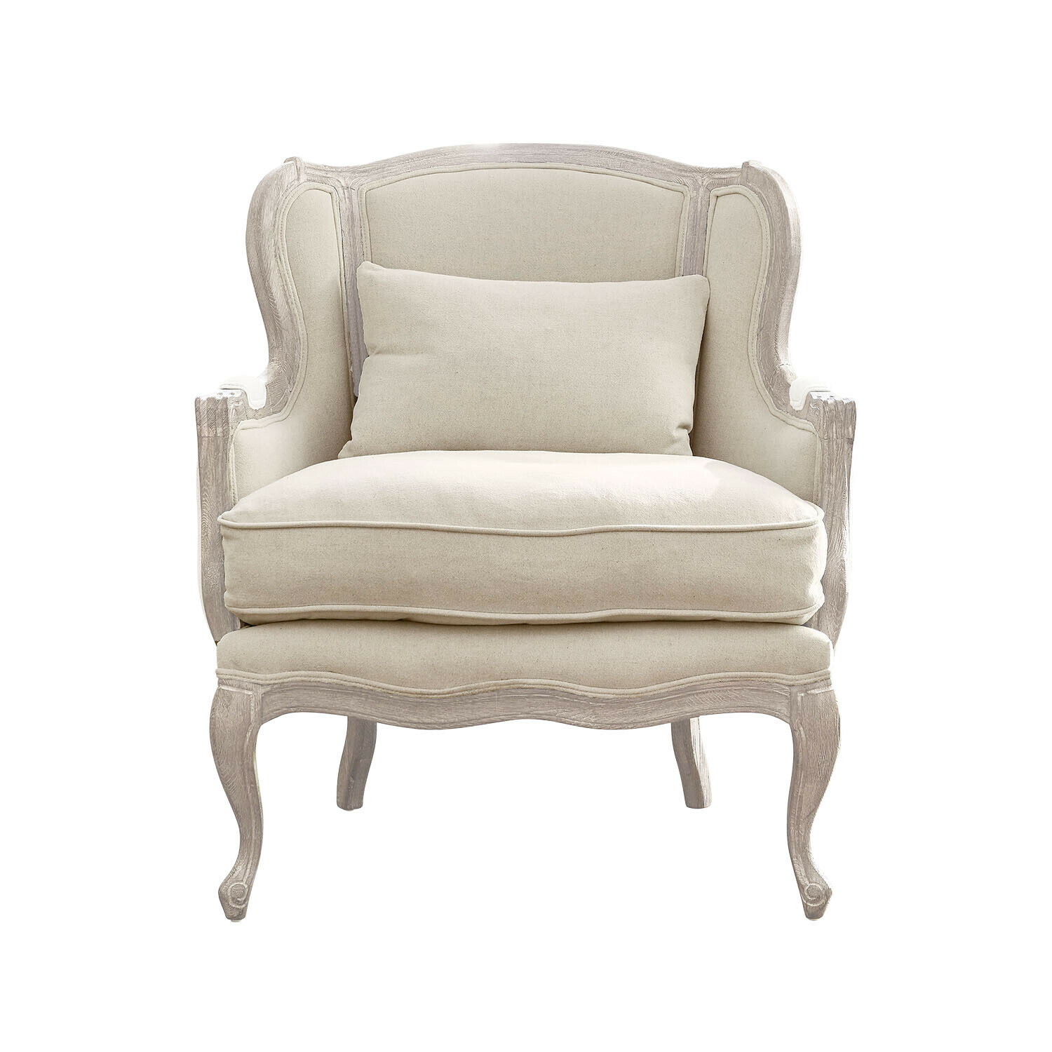 Klassieke Kingswinford fauteuil van licht hout en crèmekleurige stof, comfortabele woonkamerstoel