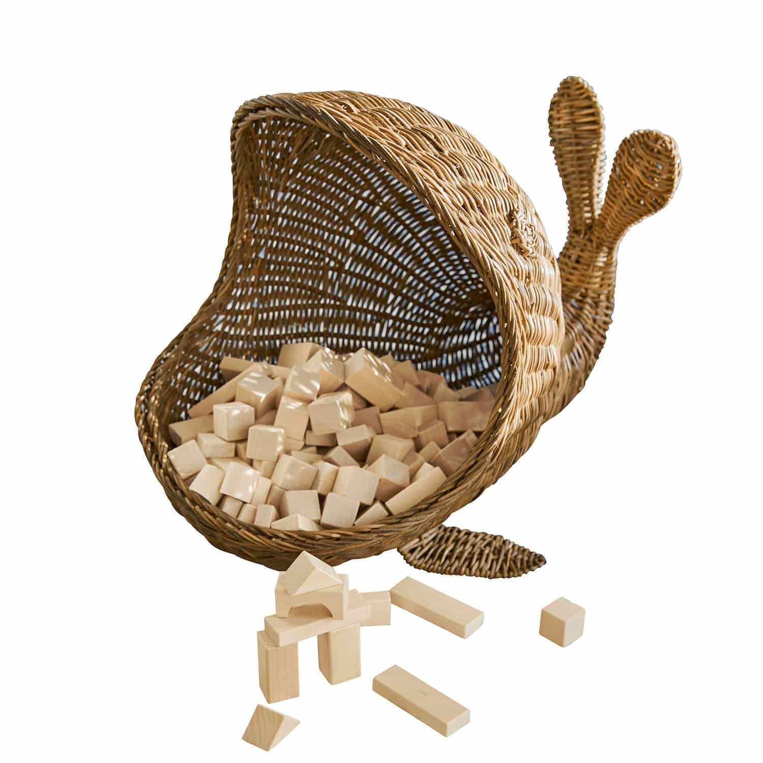Mand Cheruboo Rieten mand in de vorm van een slak met natuurlijke houten blokken voor kinderspel