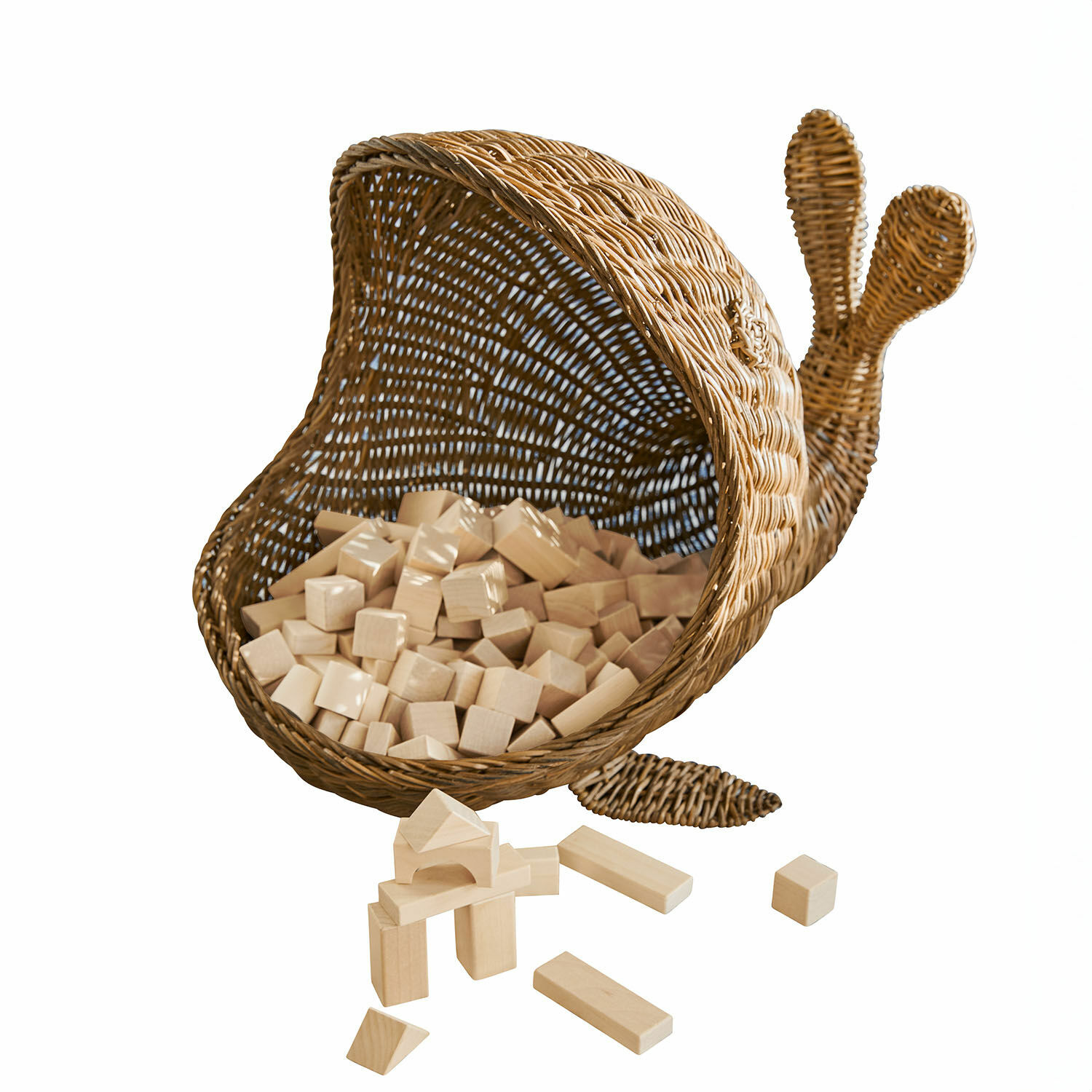 Mand Cheruboo Rieten mand in de vorm van een slak met natuurlijke houten blokken voor kinderspel