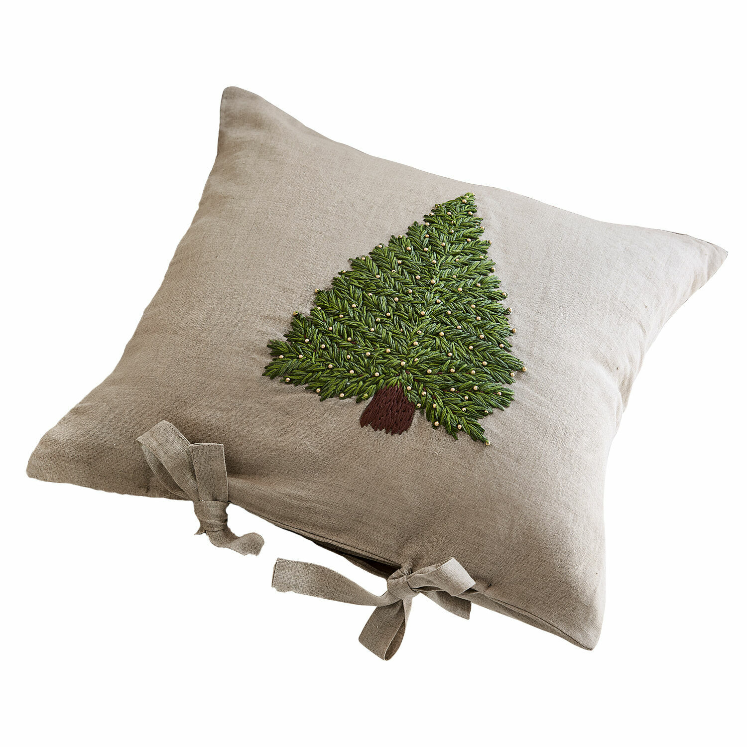 Kussenhoes Amuré Beige linnen kussen met groen geborduurde boom en strikken, kerstdecoratie voor interieur