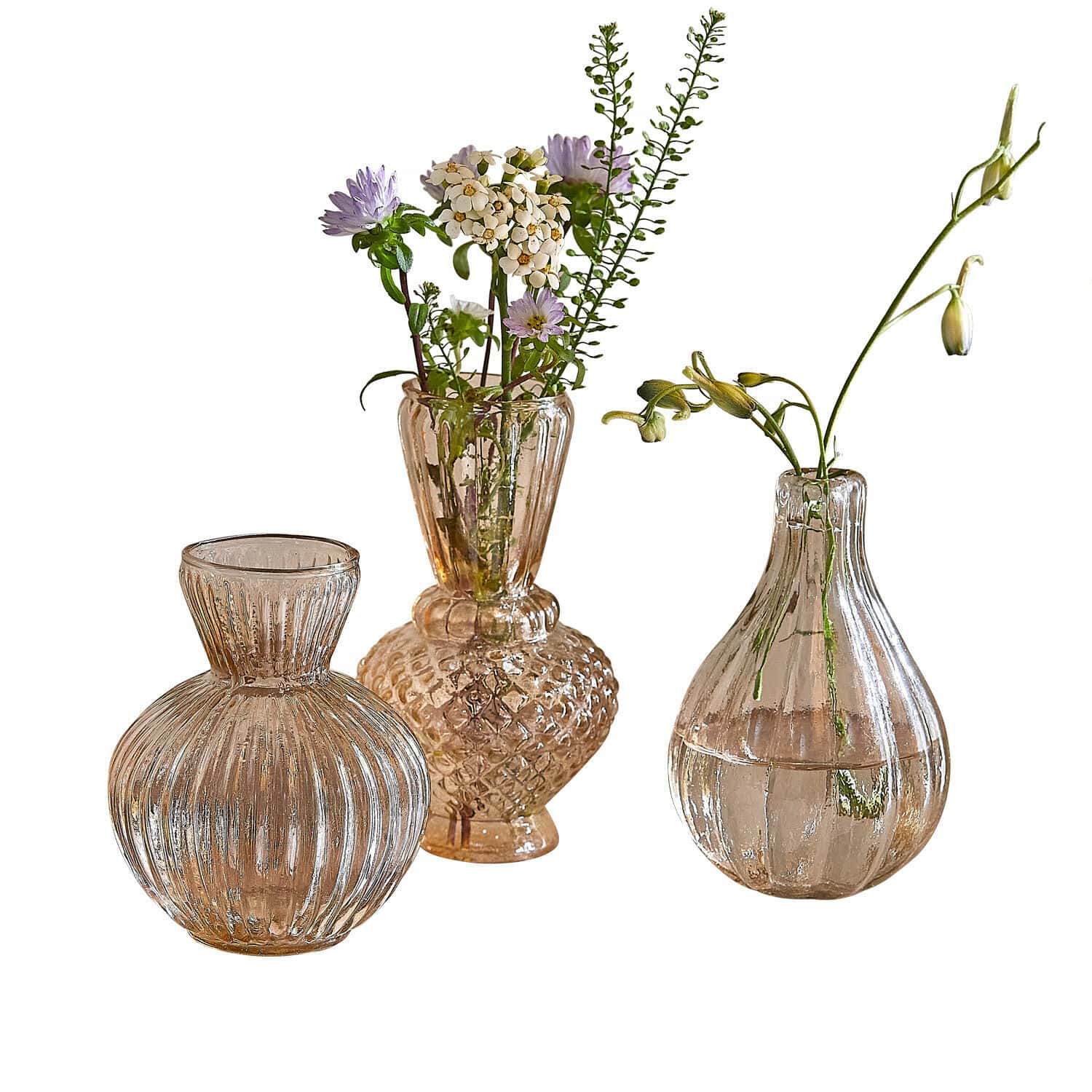 Vaas set van 3 Faunelle Set van drie transparante glazen vazen met delicate bloemen, stijlvolle tafeldecoratie