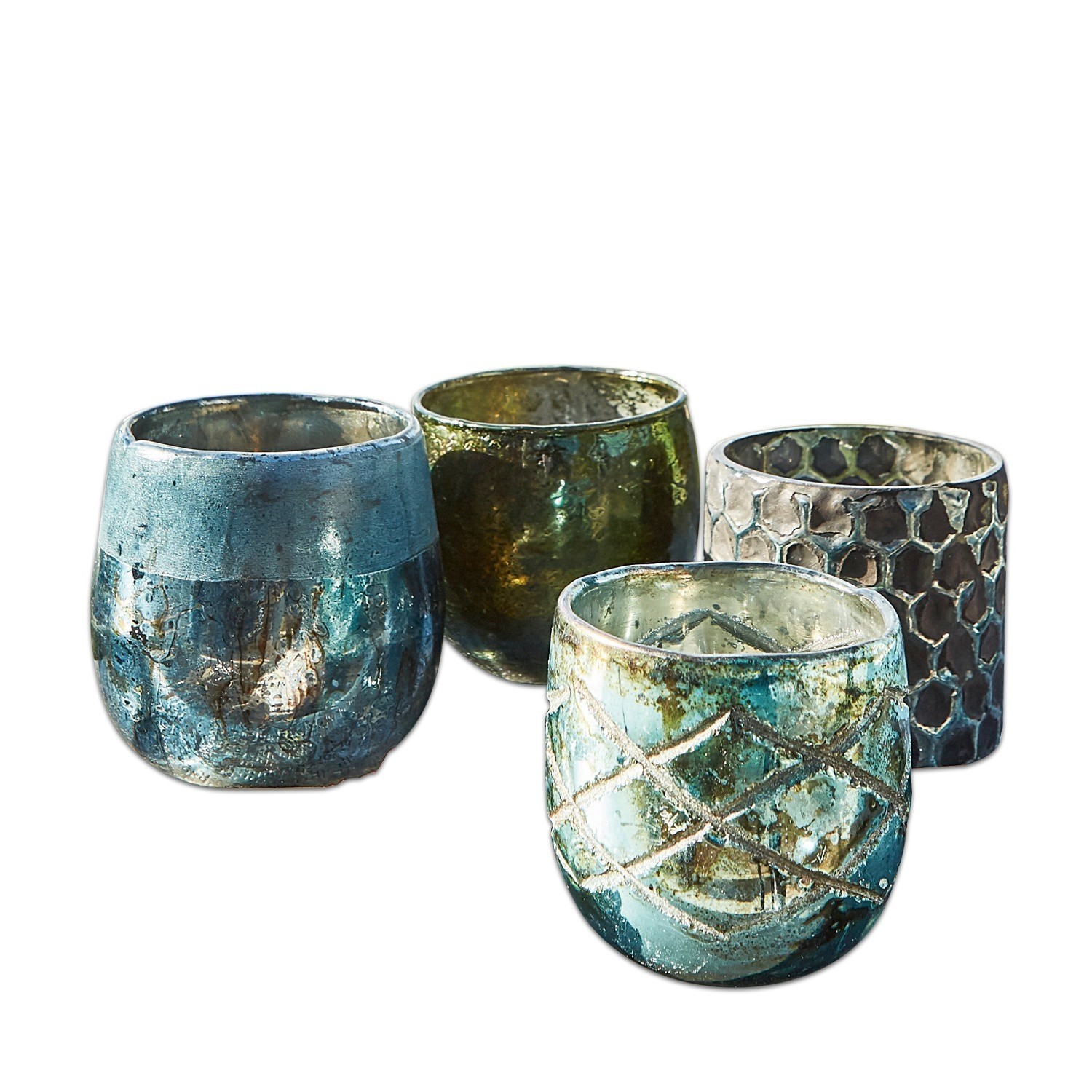 Windlicht set van 4 Marine Set van vier keramische theelichthouders in blauw- en groentinten met decoratief patroon voor interieur