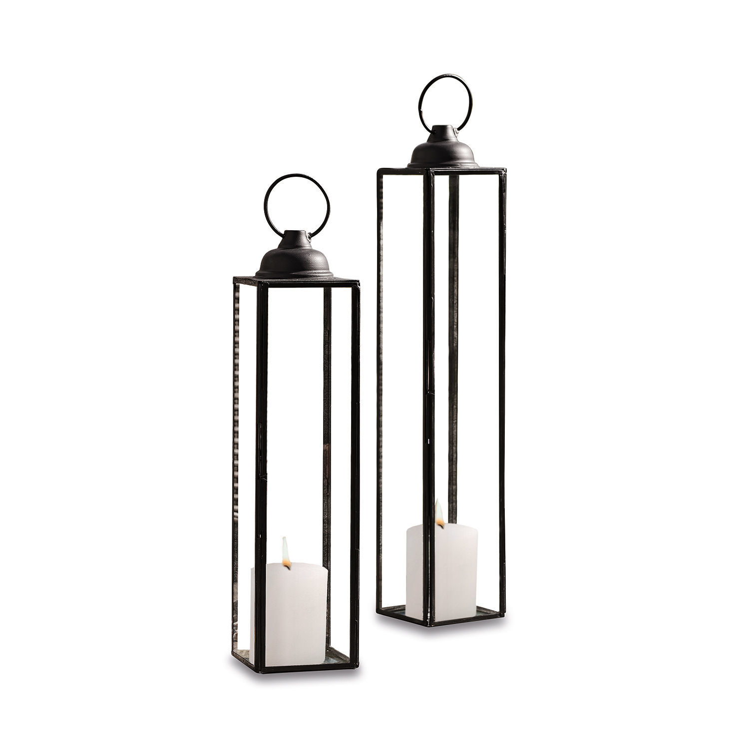 Lantaarn set van 2 Radu Set van twee zwarte metalen lantaarns met witte kaarsen voor binnen- en buitendecoratie