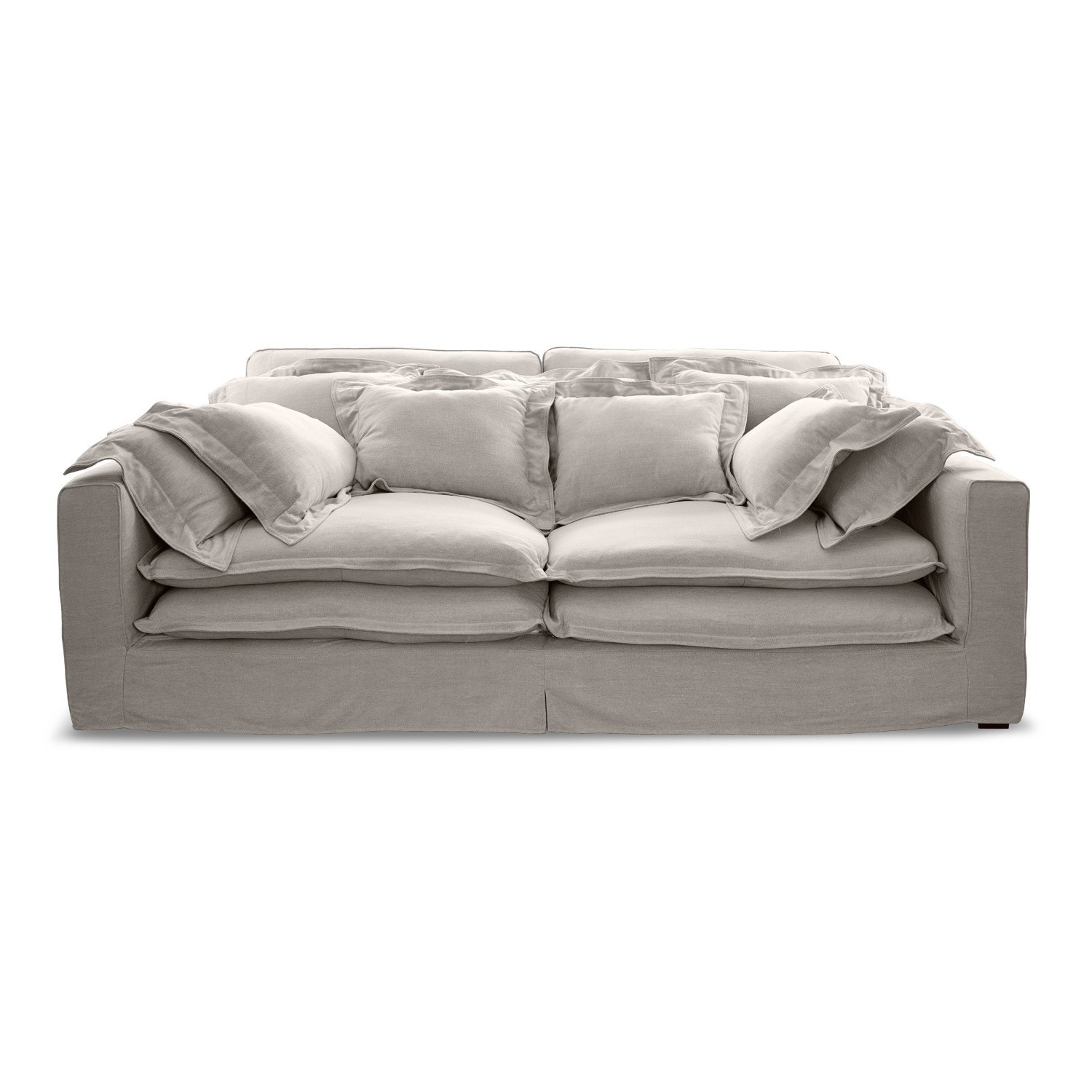 Sofa Terell van beige linnen met zachte kussens, comfortabele woonkamermeubel