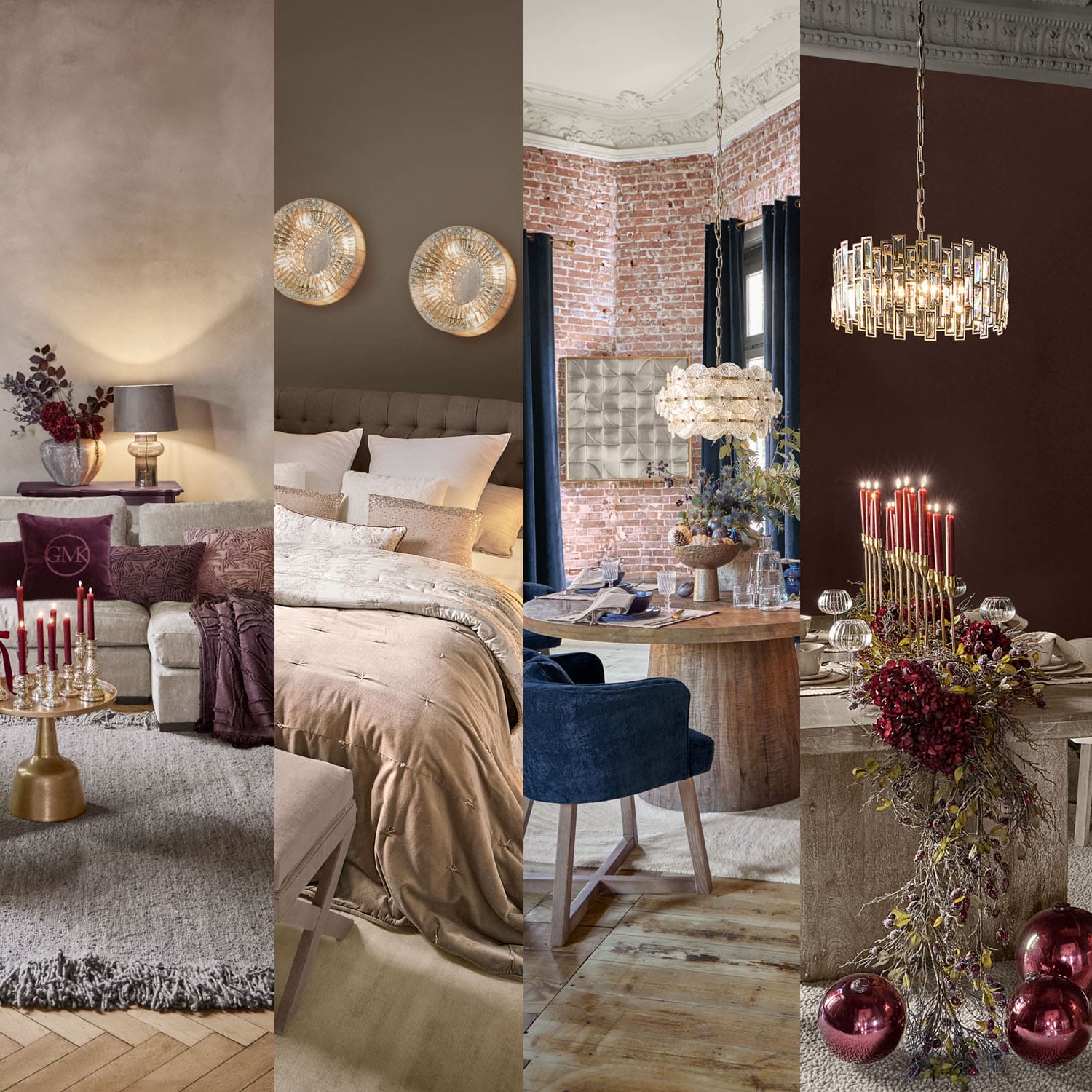 Vier interieurstijlen met lampen en decoraties van hout, stof en metaal in diverse kleuren en materialen