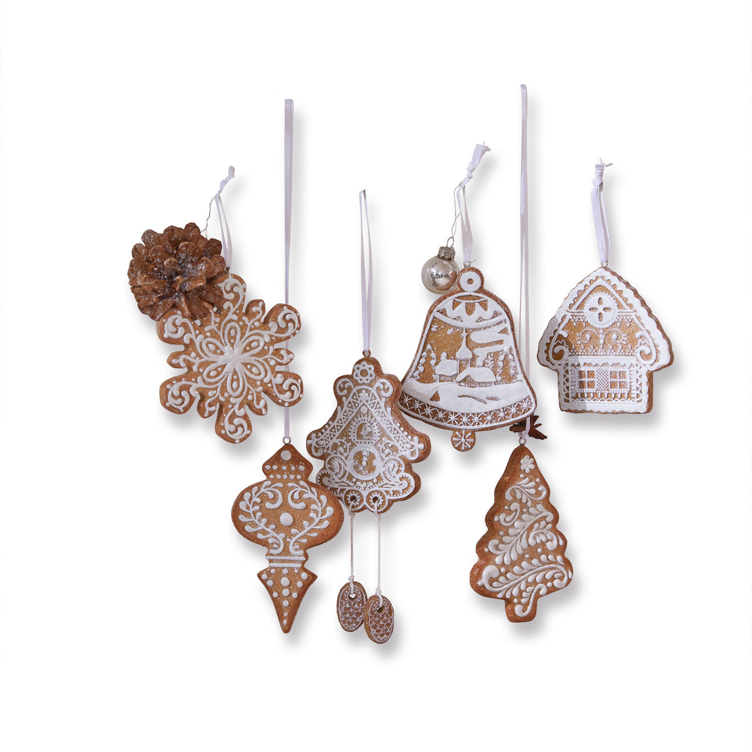 Hanger set van 6 Anyama Set van 6 peperkoek kerstversieringen met witte decoratie en linten om op te hangen