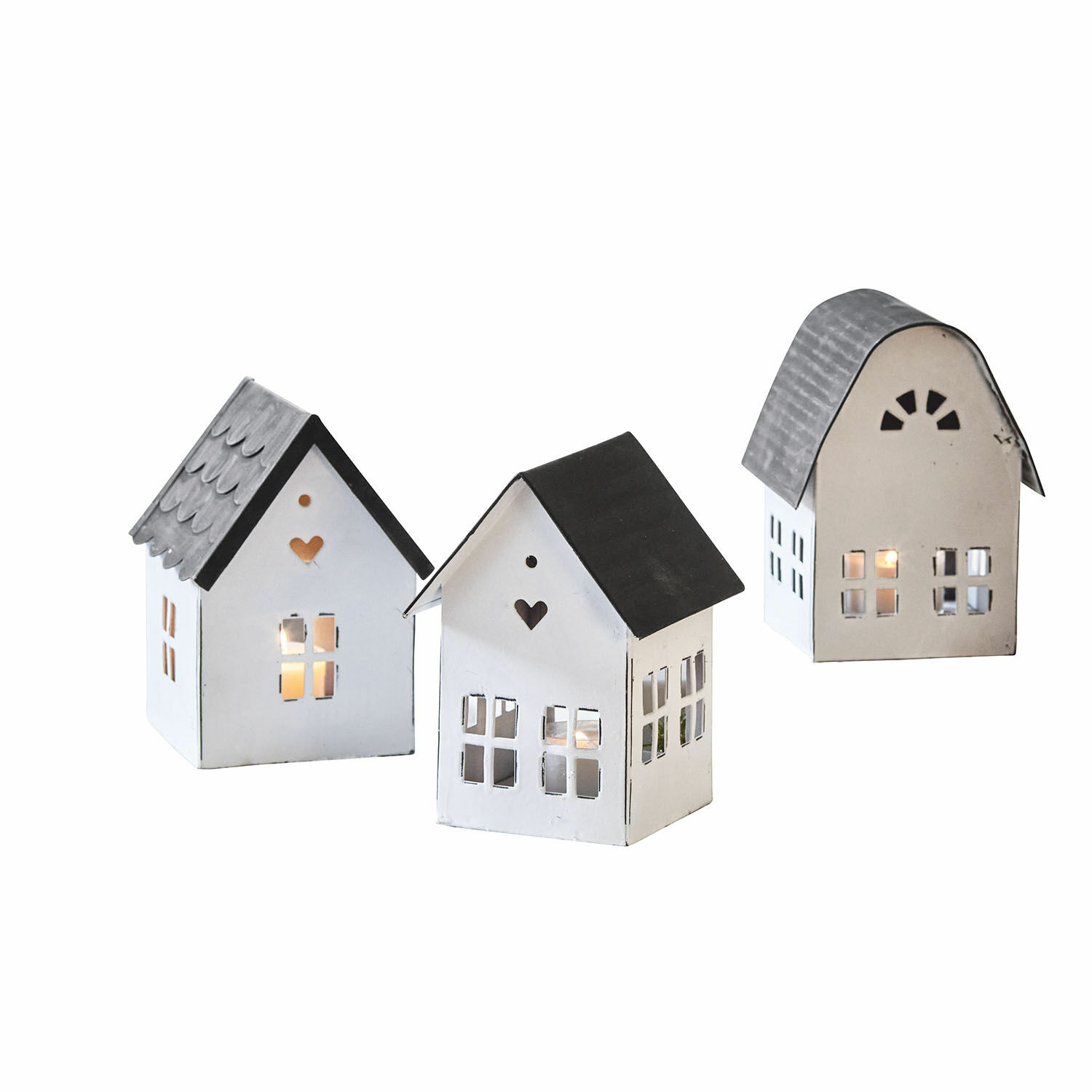 Lantaarn set van 3 Lambray Set van drie metalen lantaarns in de vorm van witte en grijze huisjes voor interieurdecoratie
