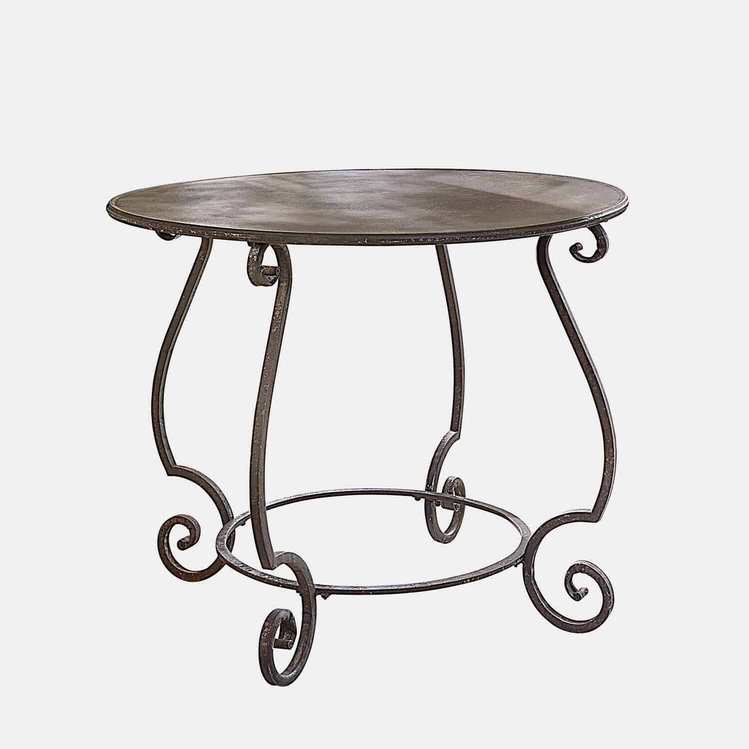 Ronde metalen tafel in donkerbruine kleur met sierlijke krulpoten voor woonkamer