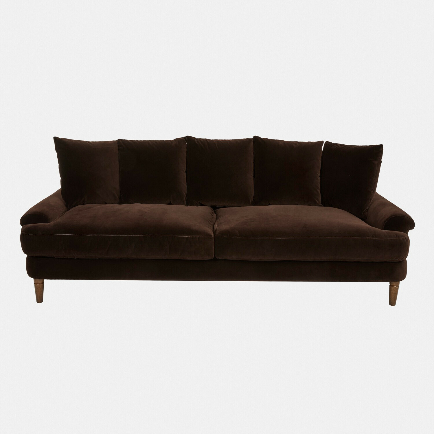 donkerbruin Donkerbruin Rivermere fluwelen bank met kussens en houten poten, comfortabele woonkamermeubel
