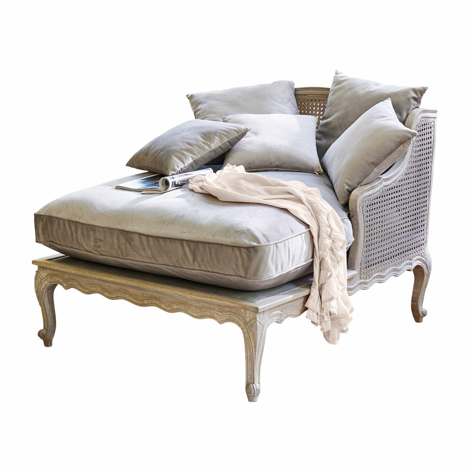 Chaise longue Dronne Elegante fauteuil met lichtgrijze fluwelen bekleding en houten frame met vlechtwerk, comfortabele stoel