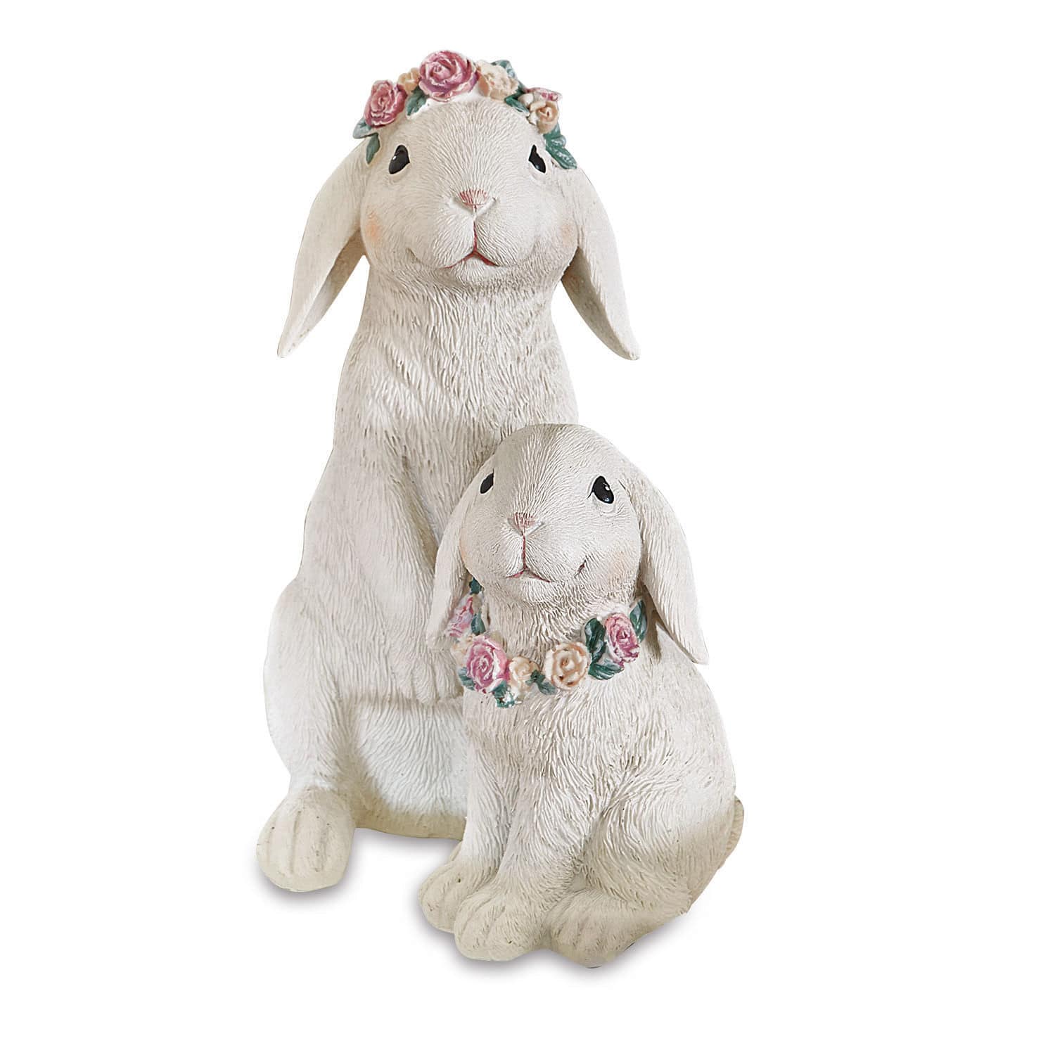Haasjes Sappos Twee witte konijnenfiguren van hars met bloemenkransen, decoratie voor binnen en buiten