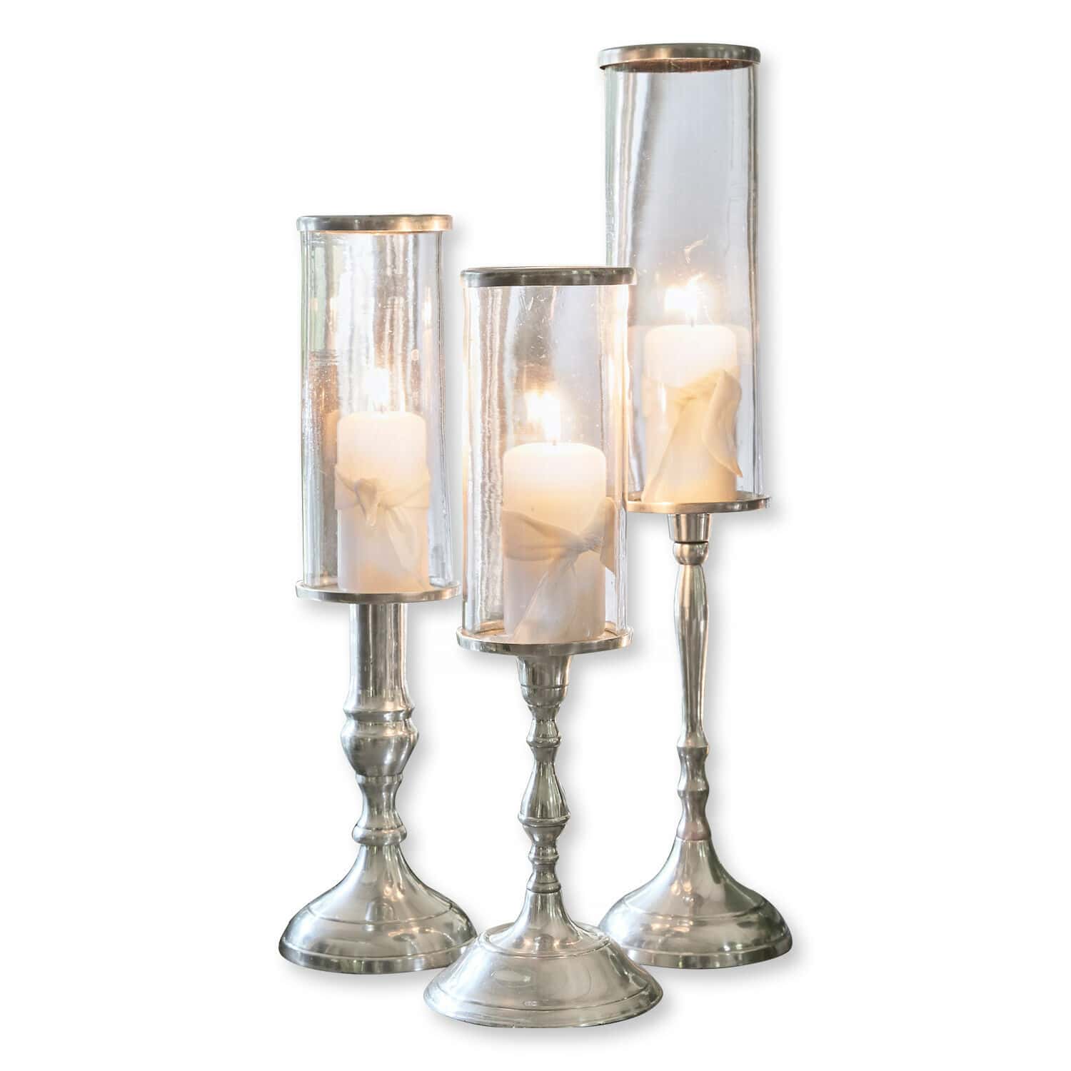 Kandelaar set van 3 Vitia Set van drie metalen kandelaars met helder glas en witte kaarsen voor interieurdecoratie