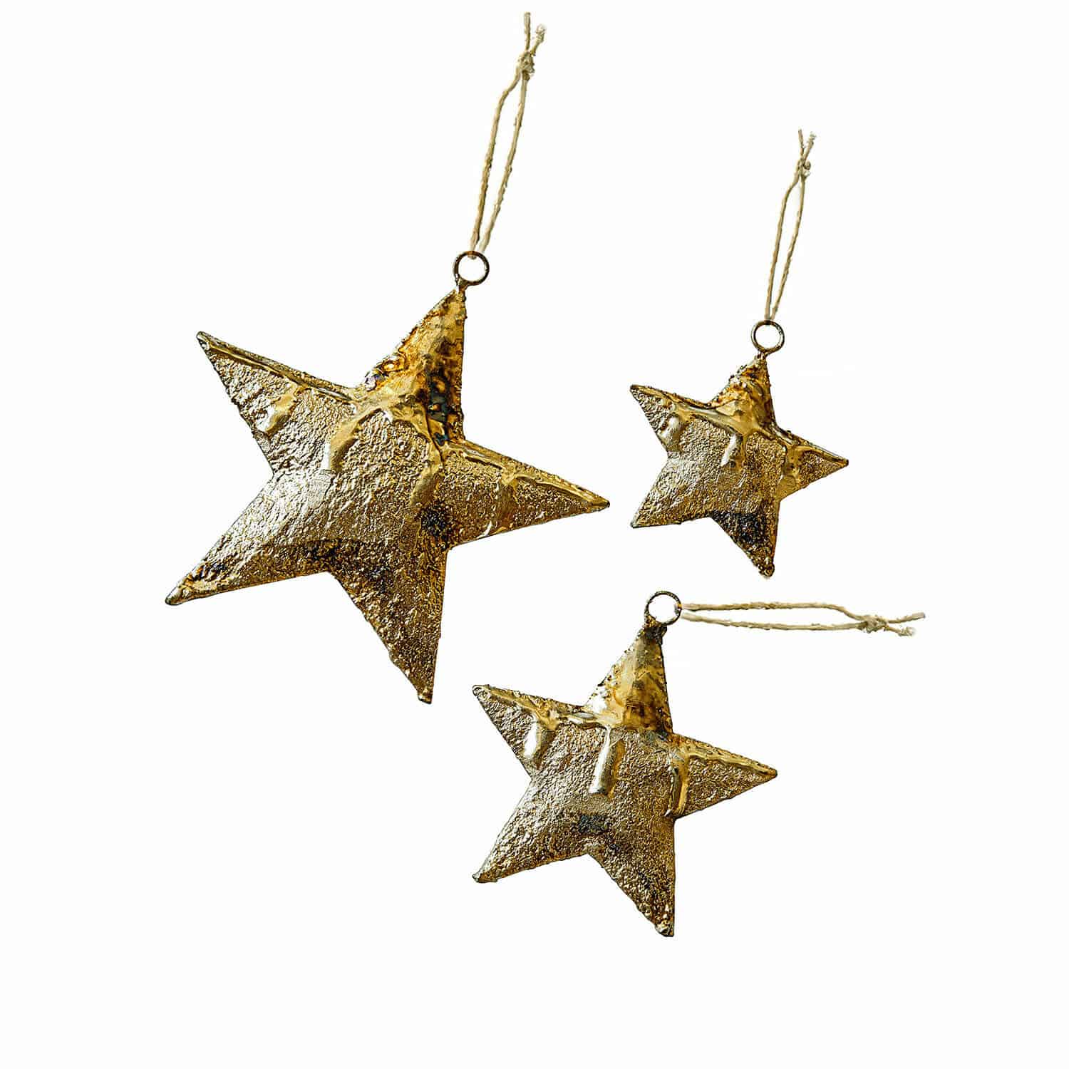 Hanger set van 3 Myrska Set van drie gouden metalen sterren met touwtje voor feestelijke kerstdecoratie
