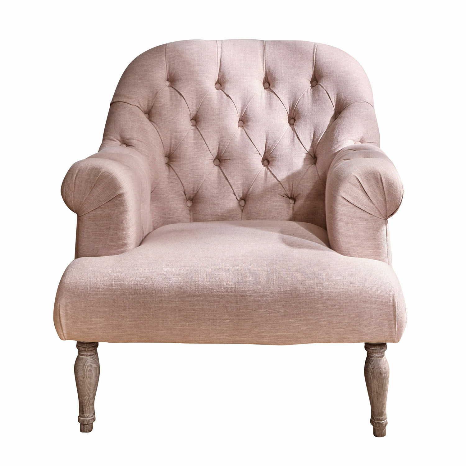 roze Roze Shambrook fauteuil van stof met gestikte rugleuning en houten poten voor woonkamer