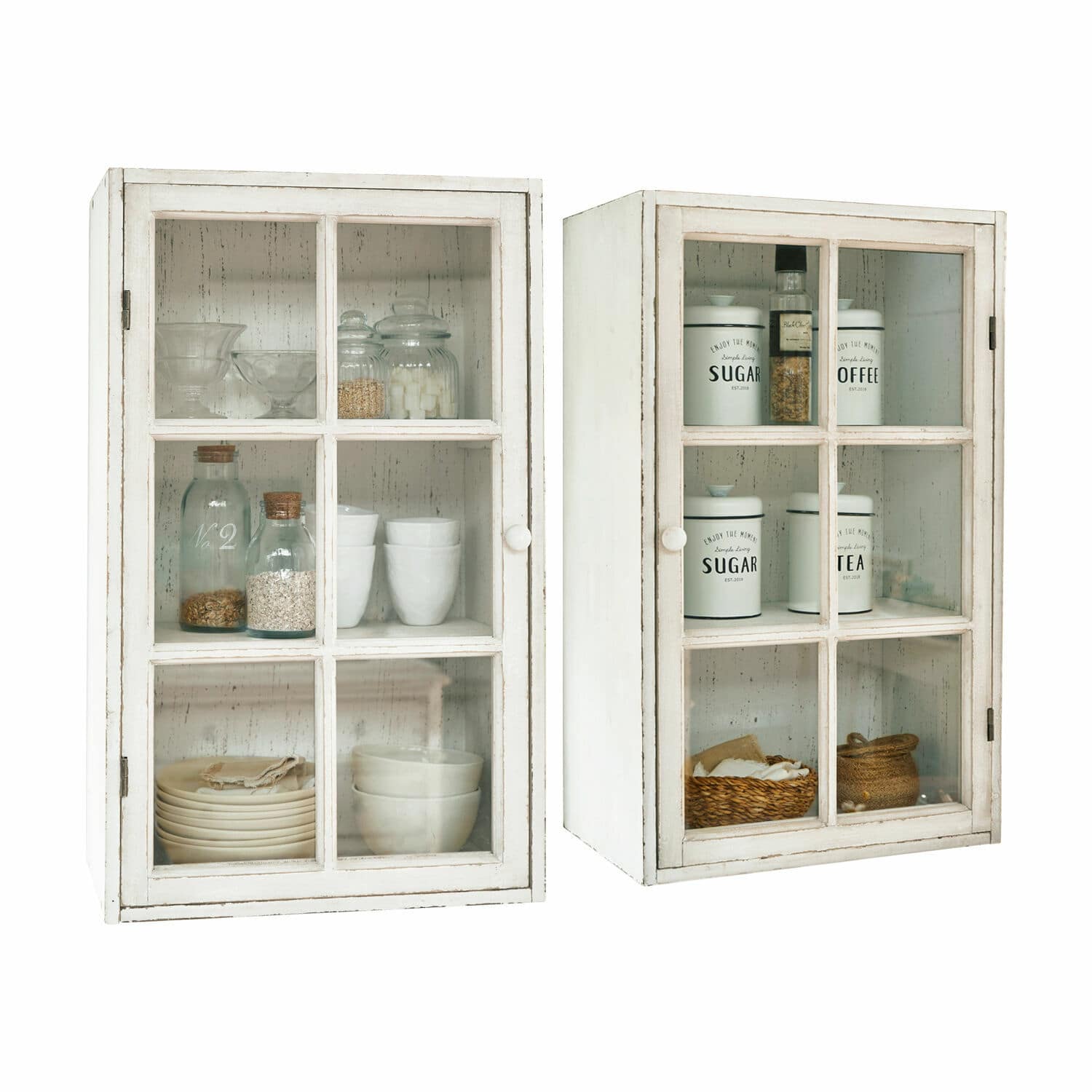 Wandkast set van 2 Piavo Witte houten keukenkasten met glazen deuren en potten voor thee en suiker