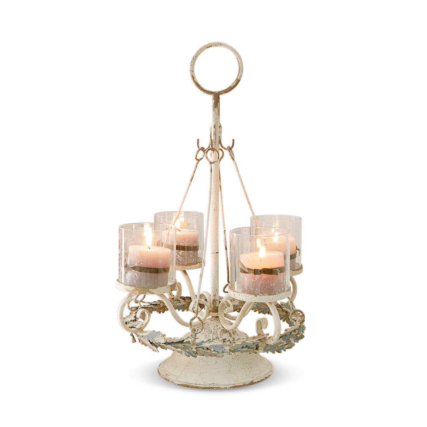 Adventskransstandaard Denders Metalen kandelaar met vier glazen en roze kaarsen in decoratieve vintage stijl