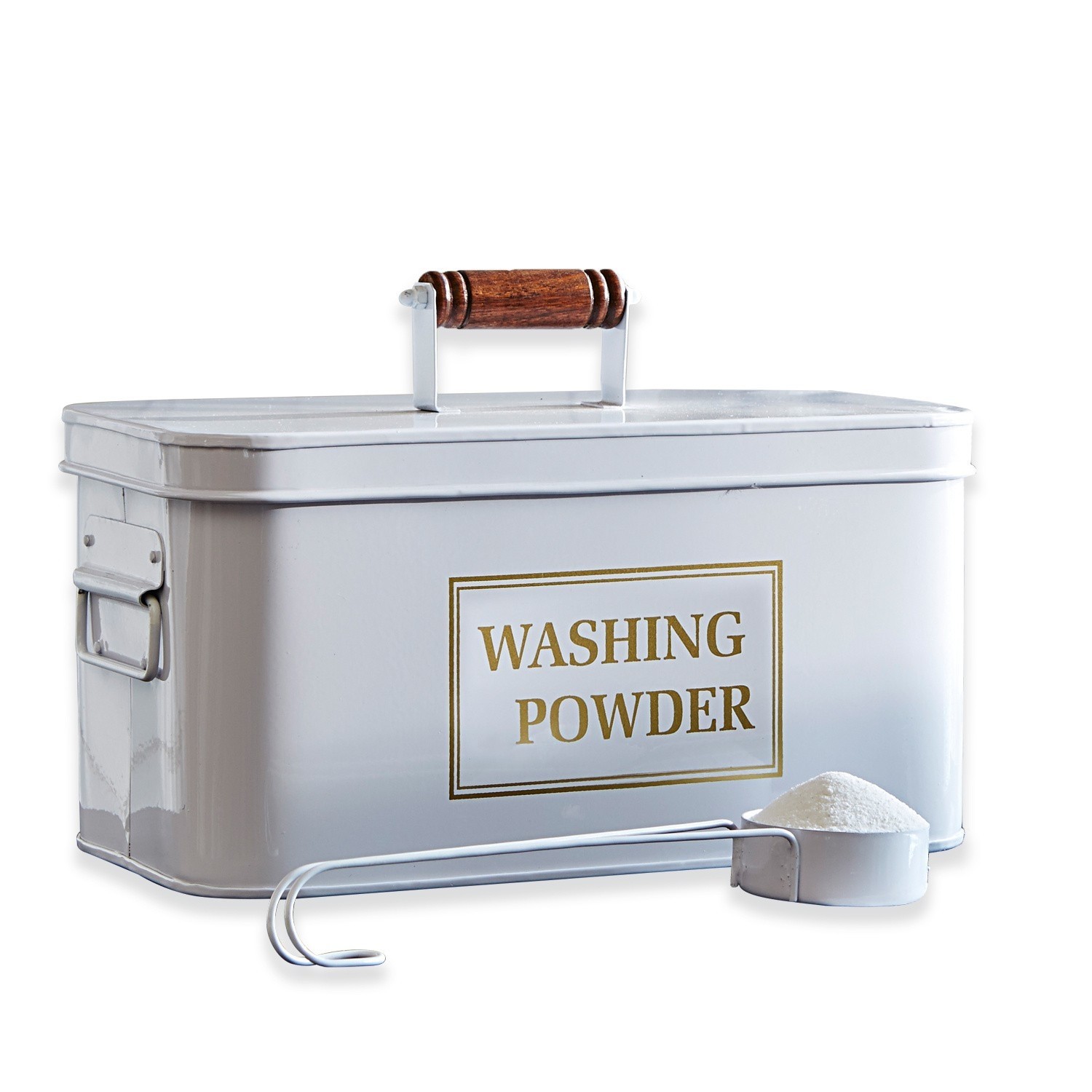 Wasmiddelblik Washing Witte metalen doos voor waspoeder met houten handvat en maatlepel met poeder