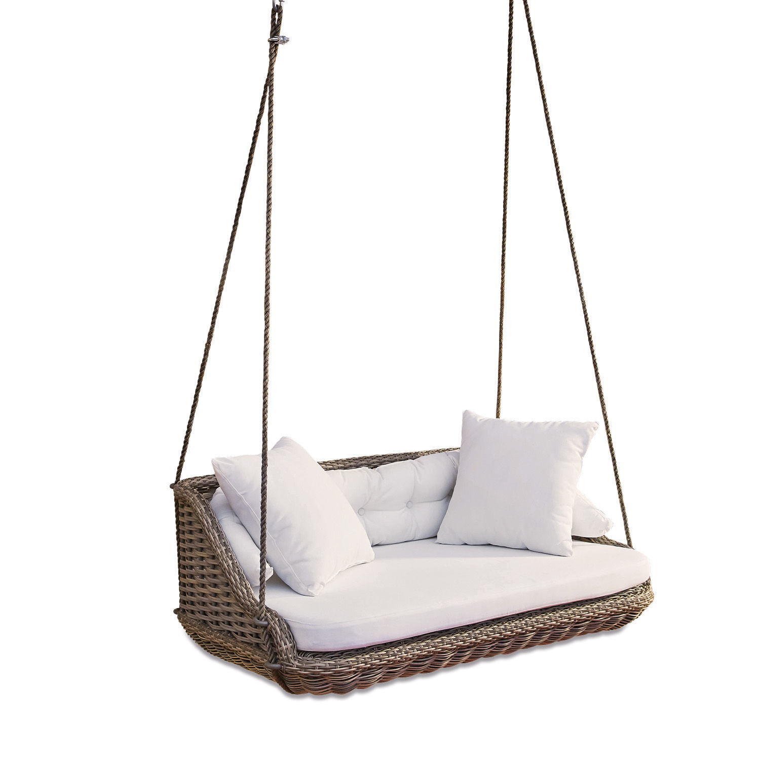 Hangbank Pontrieux Rotan schommel met witte kussens en zacht zitvlak, perfect voor tuin en terras