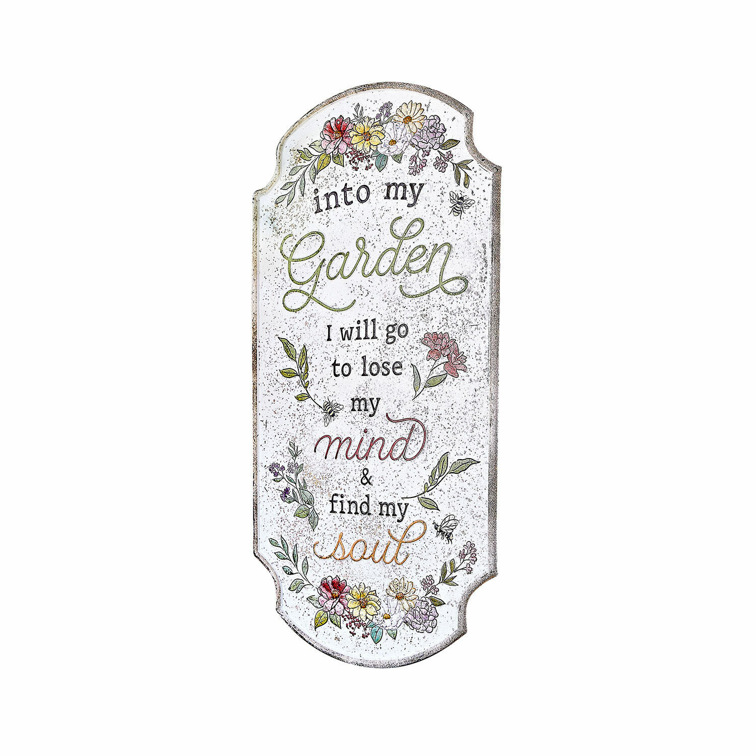 Decoratief tuinbord met tekst en kleurrijke bloemen op witte achtergrond, tuinversiering