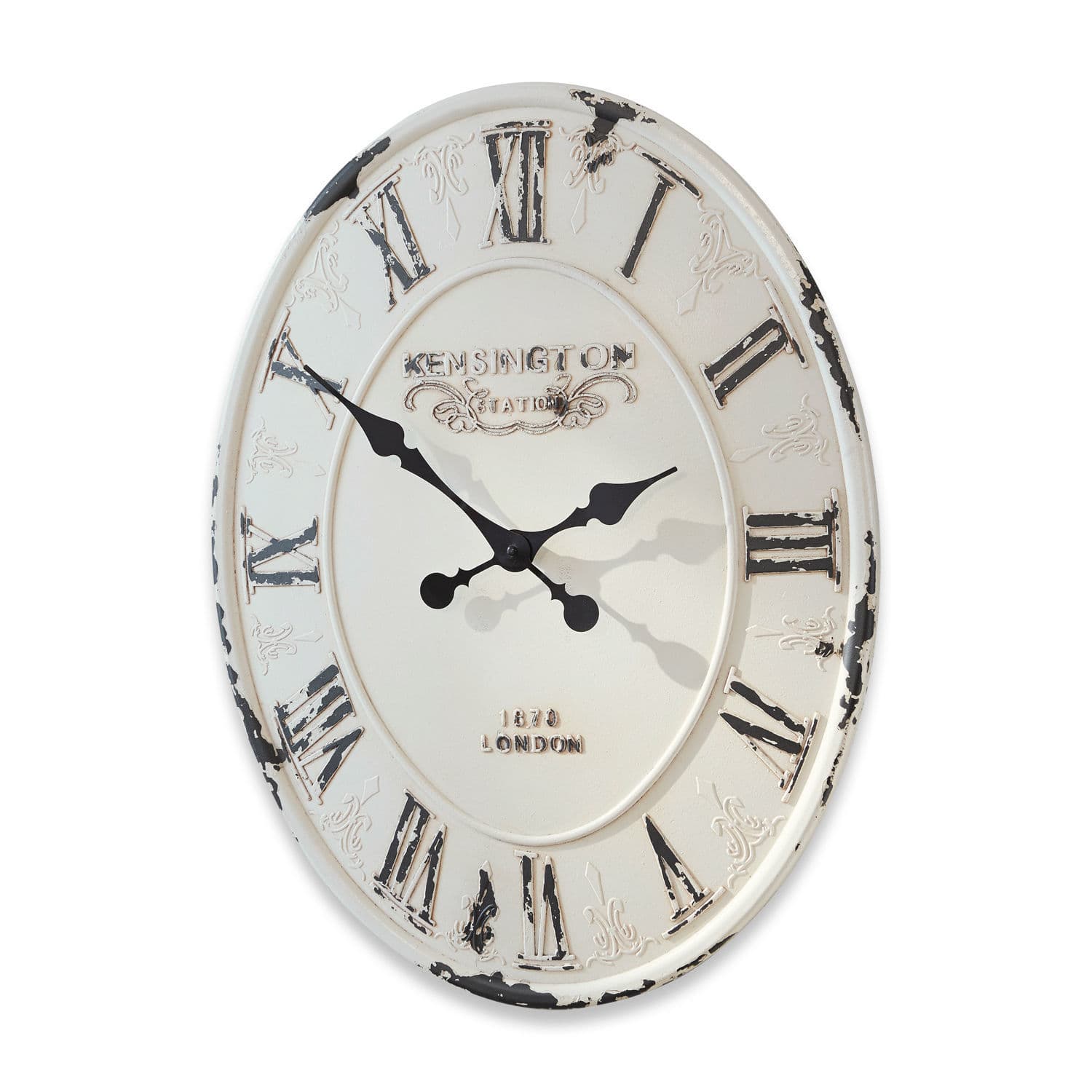 Klok Soulières Ronde metalen wandklok in vintage stijl, wit met zwarte Romeinse cijfers en verweerde afwerking
