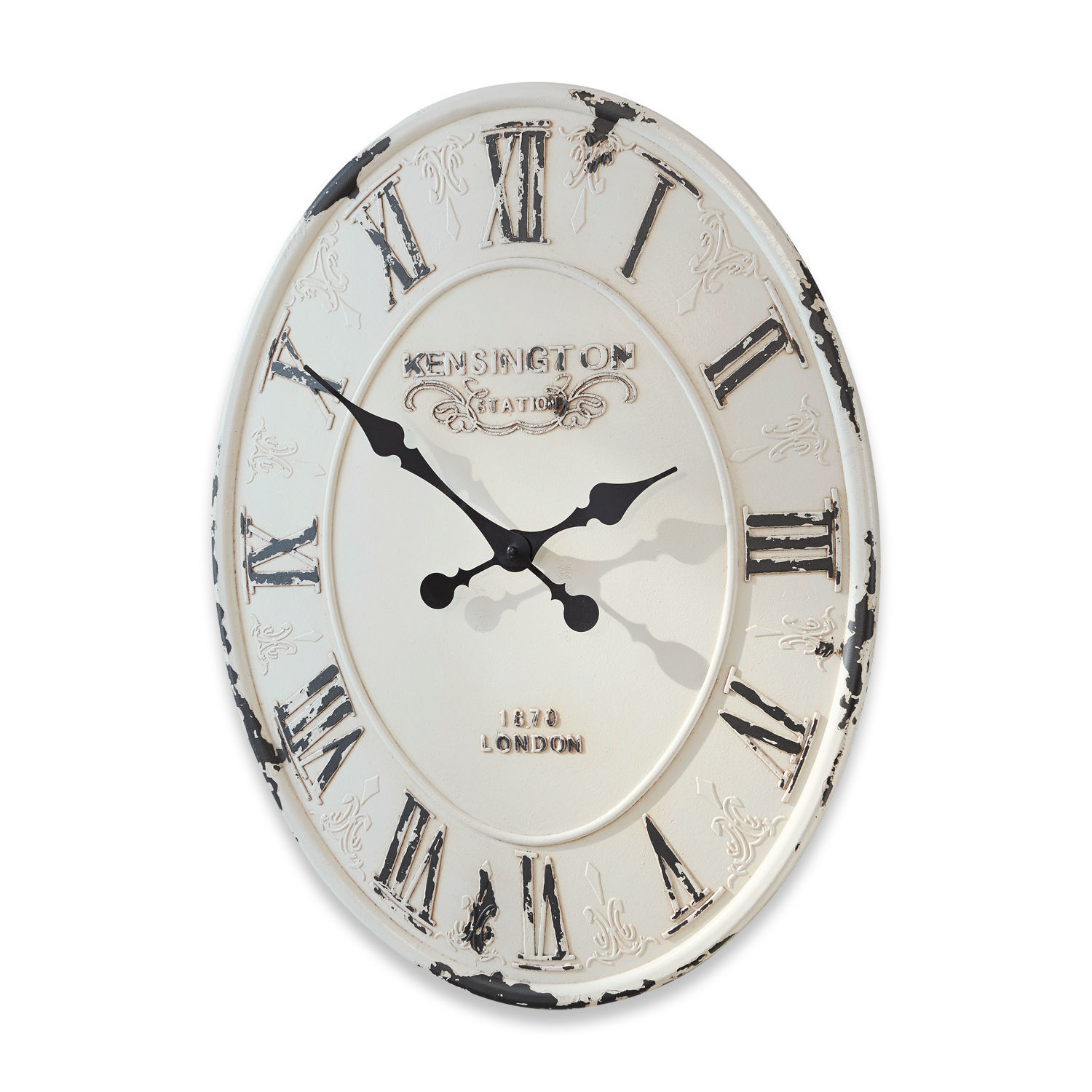 Klok Soulières Ronde metalen wandklok in vintage stijl, wit met zwarte Romeinse cijfers en verweerde afwerking