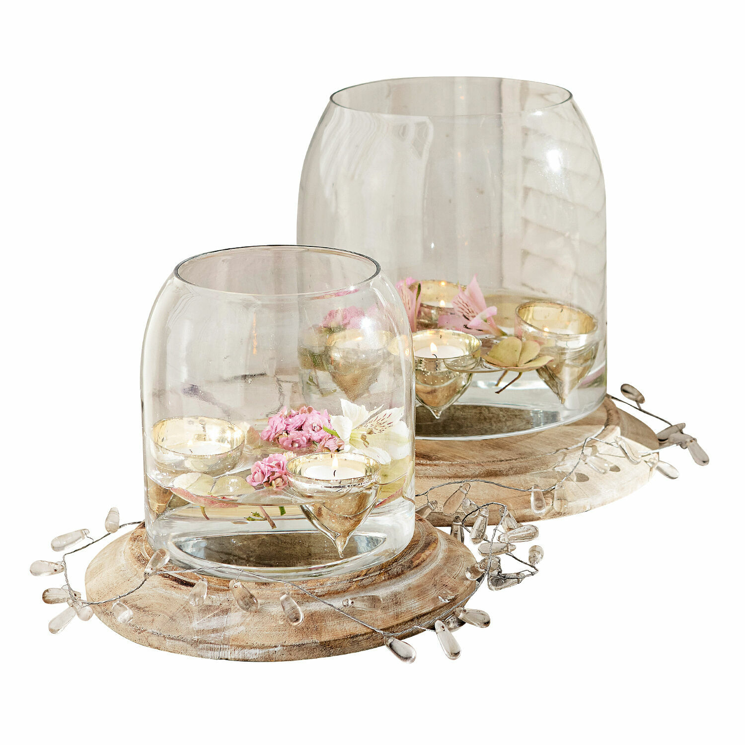 Windlicht set van 2 Bran Glazen lantaarns op houten voet met roze bloemen en theelichtkaarsen voor interieurdecoratie
